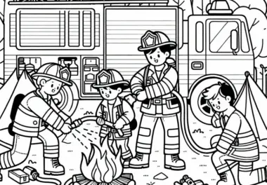 Feuerwehrteam löscht Lagerfeuer – Malvorlage für Jungs ab sechs kostenlos