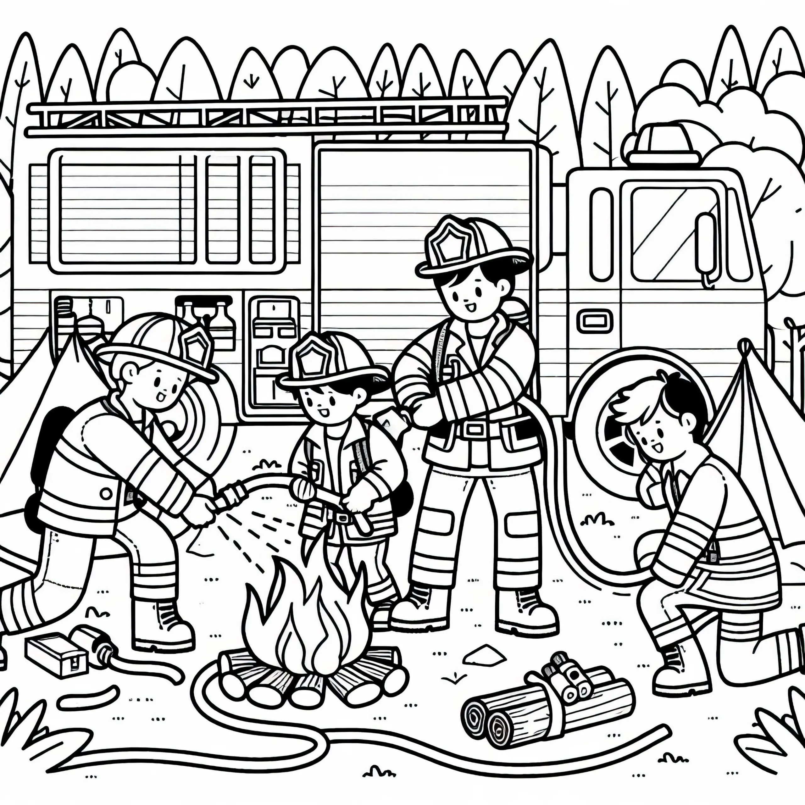 Feuerwehrteam löscht Lagerfeuer – Malvorlage für Jungs ab sechs kostenlos (Ausmalbild)