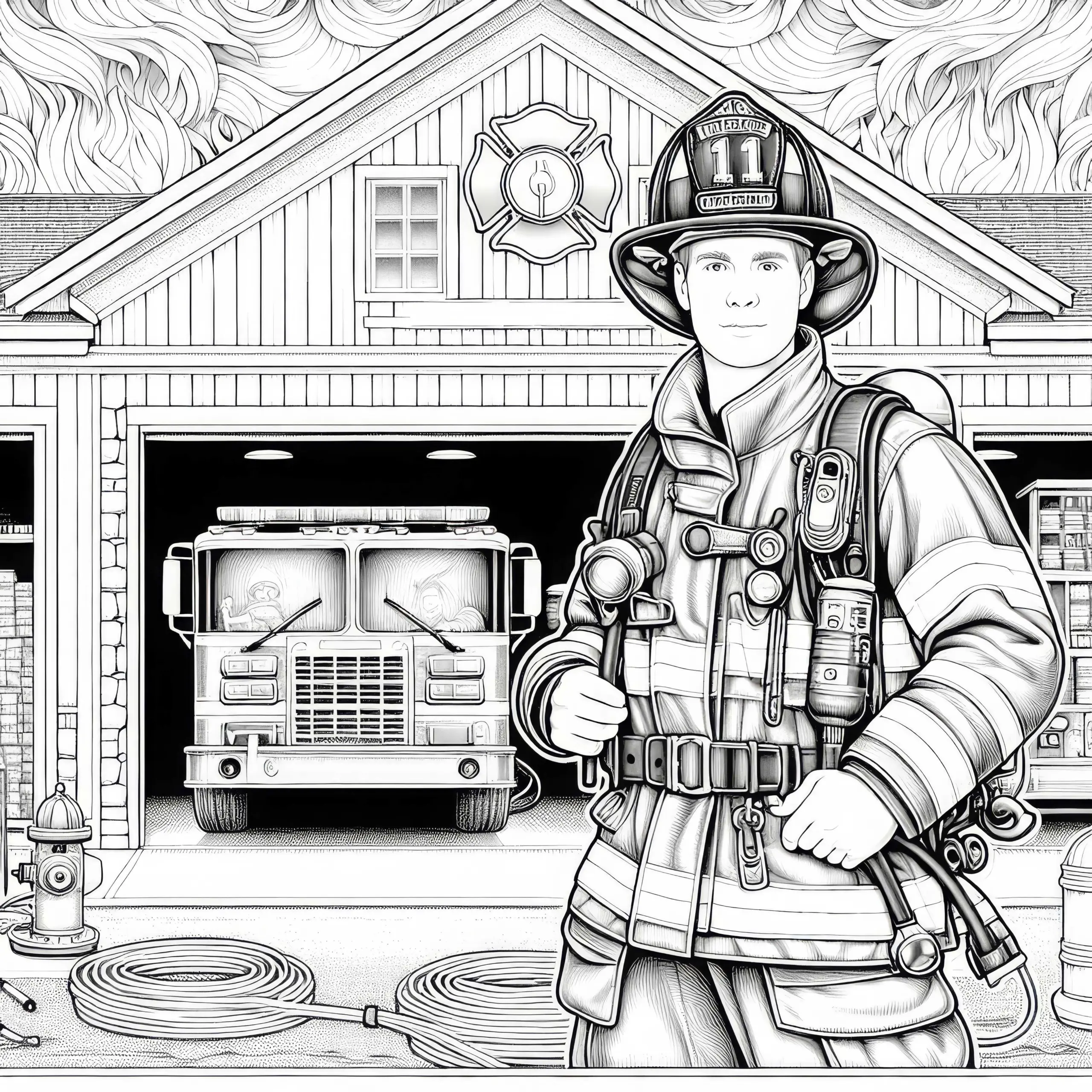 Feuerwehrzentrale mit Feuerwehrmann Malvorlage Detailreich Gratis (Ausmalbild)