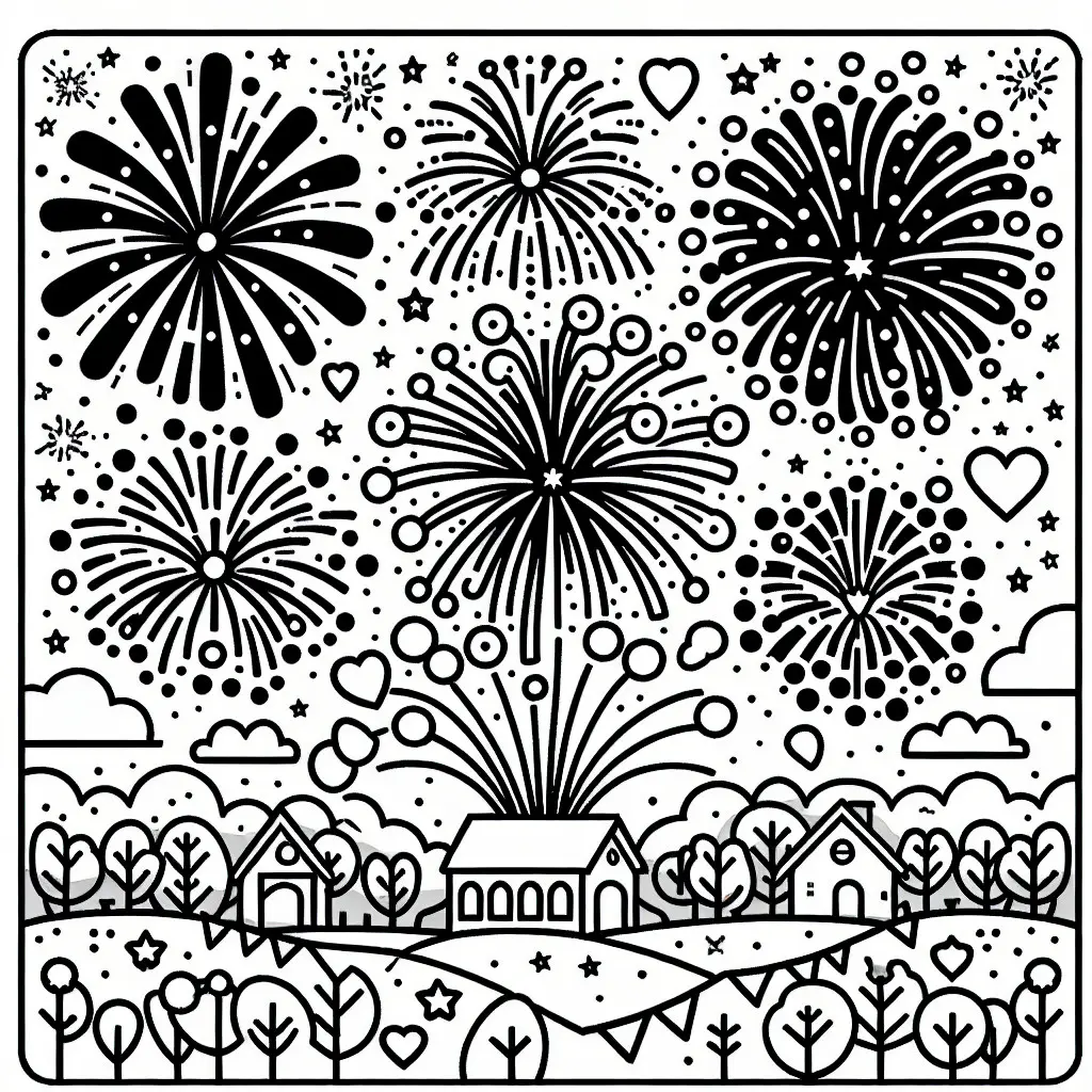 Feuerwerk als Abschluss einer Jubiläumsfeier: Kostenlose Malvorlage (Ausmalbild)