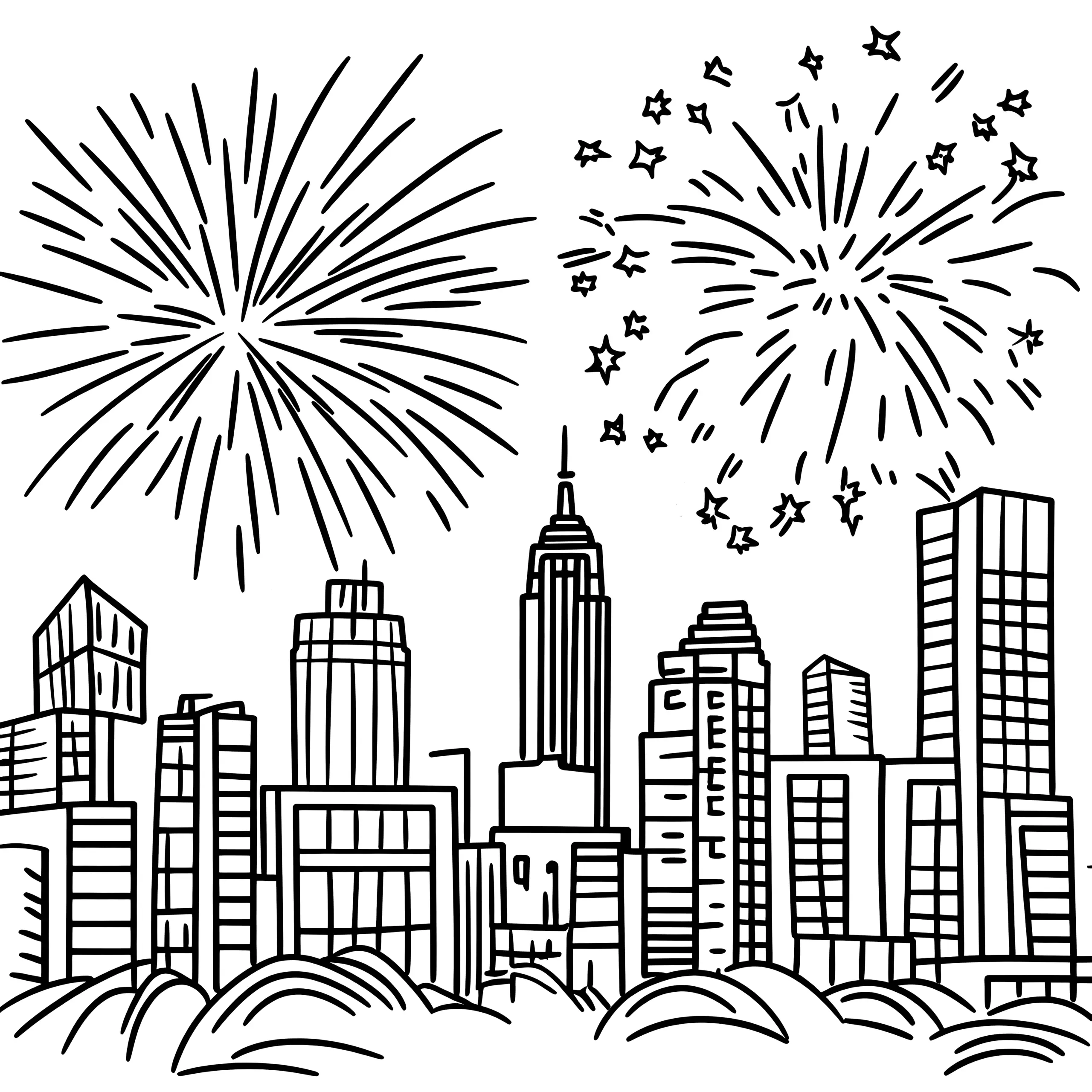 Feuerwerk über Großstadt: Ausmalbild für Silvester