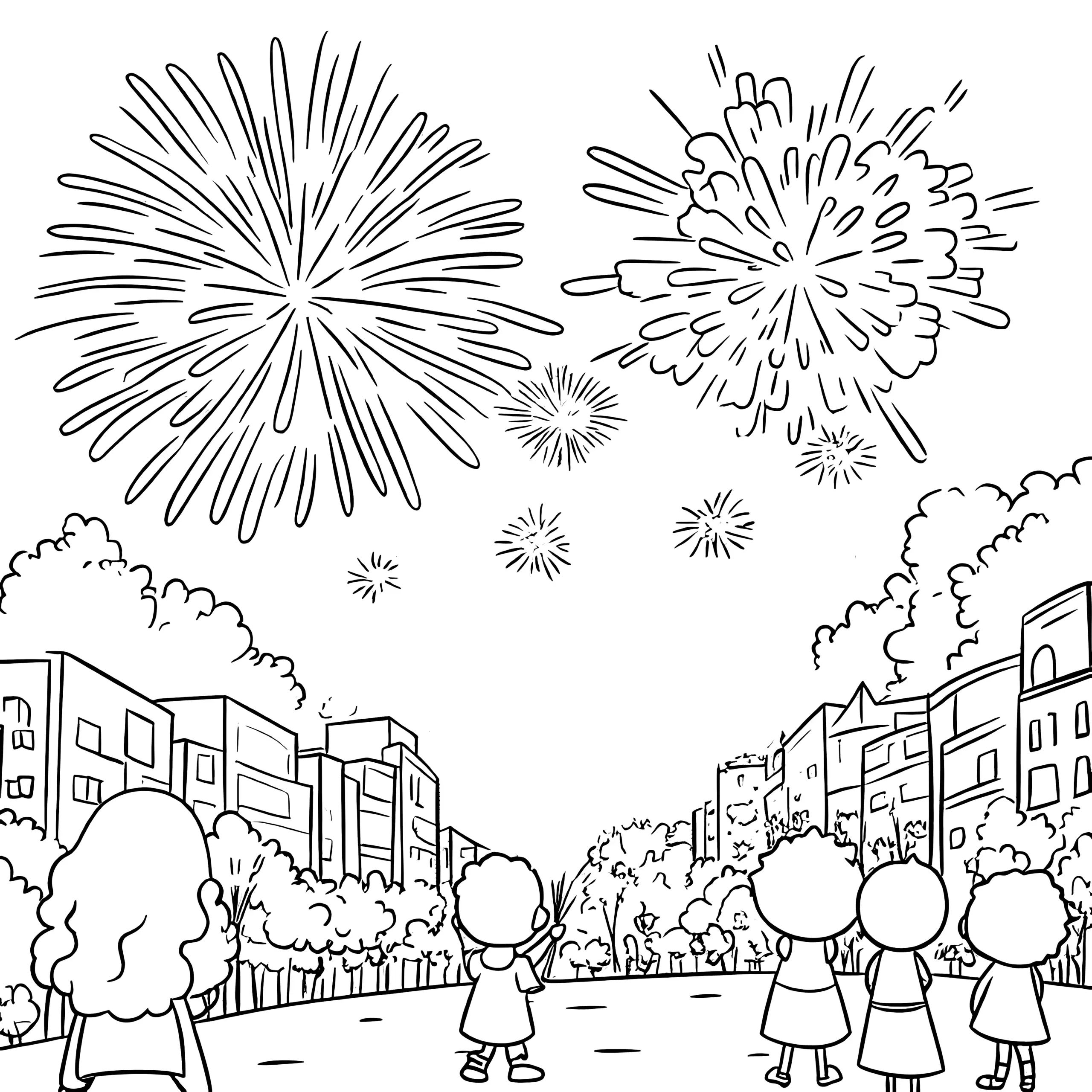 Feuerwerk: Menschen feiern Silvester in Stadt (Malvorlage) (Ausmalbild)
