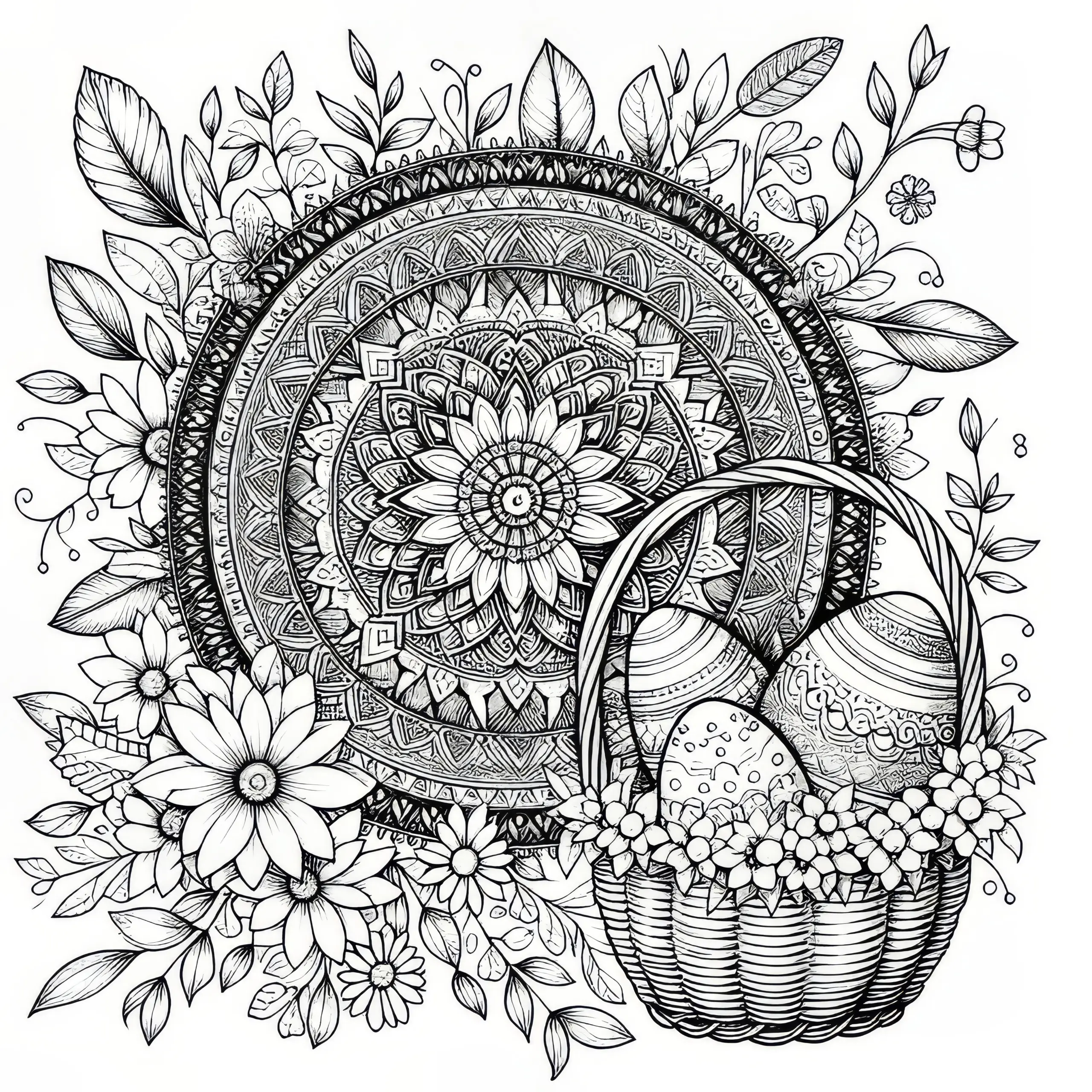 Filigranes Mandala mit Osterkorb: Ausmalbild zum Herunterladen (Kostenlos)