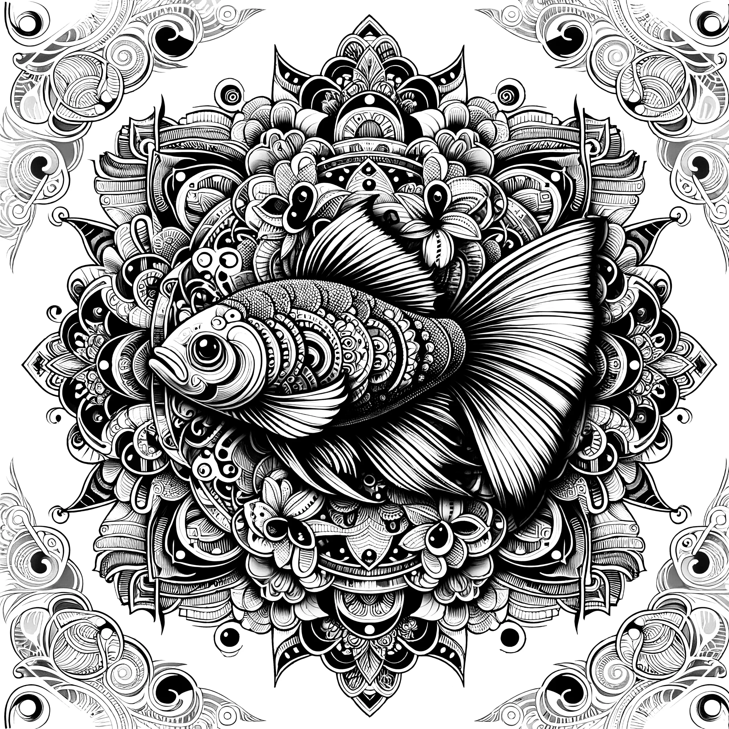 Fisch-Mandala komplex: Zum Ausmalen für Erwachsene (Kostenlos) (Ausmalbild)