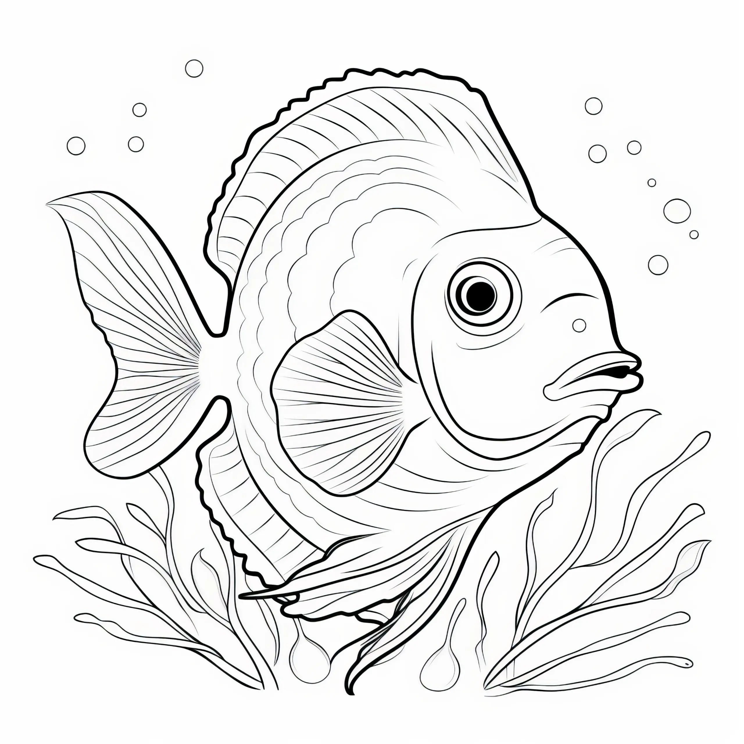 Fisch schwimmt zwischen Unterwasserpflanzen: Kostenlose Malvorlage zum Download (Ausmalbild)