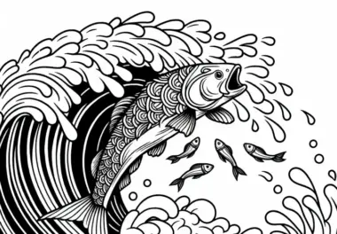 Fisch springt aus Wasser – Malvorlage gratis