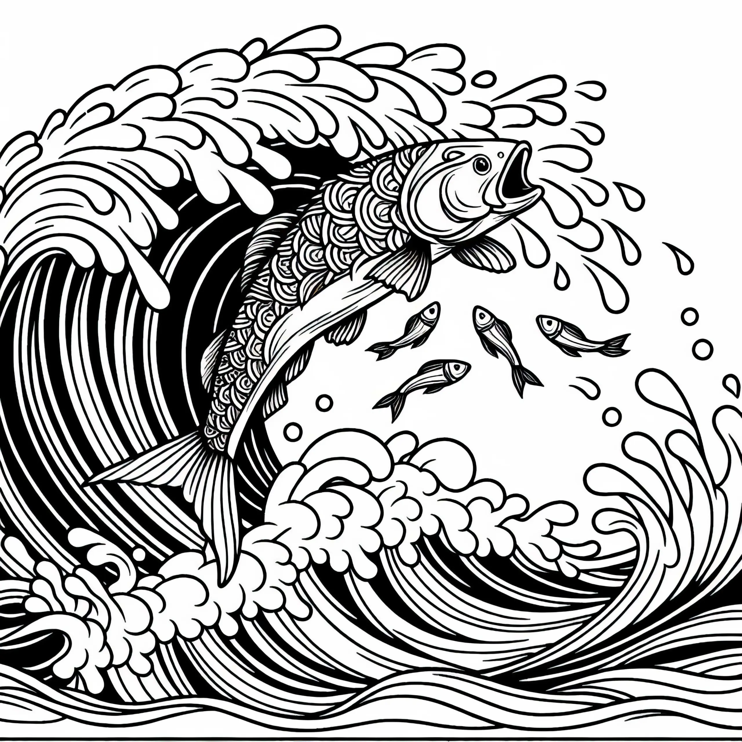 Fisch springt aus Wasser – Malvorlage gratis (Ausmalbild)