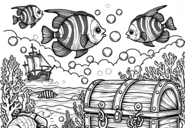 Fische schwimmen über Schatztruhe auf Meeresgrund – Malvorlage kostenlos