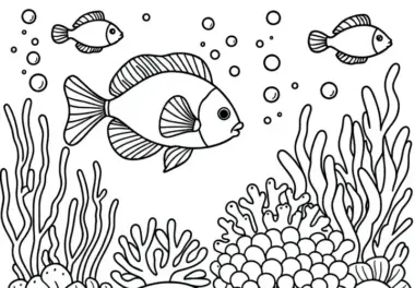 Fische schwimmen zwischen Korallen und Wasserpflanzen – Ausmalbild kostenlos