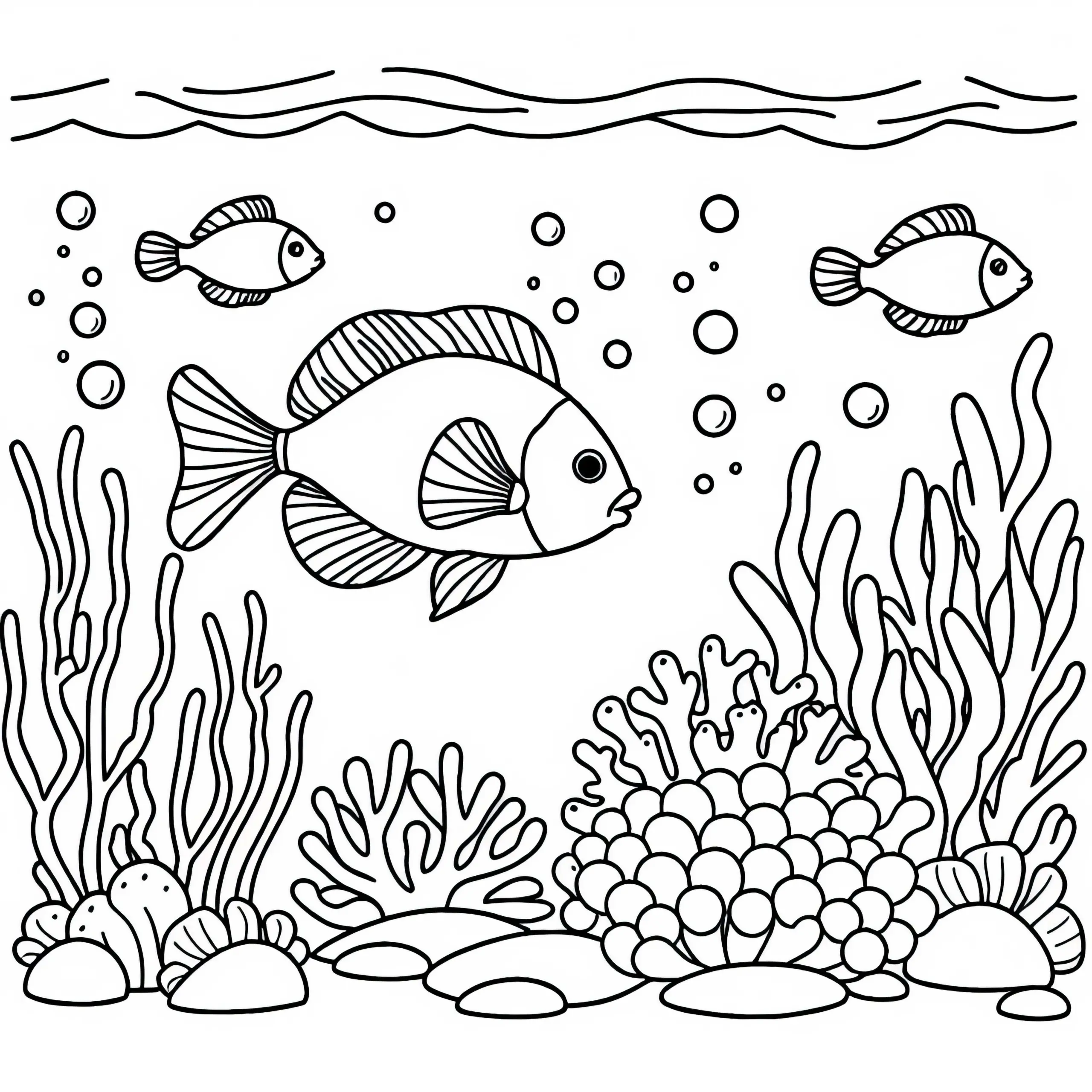 Fische schwimmen zwischen Korallen und Wasserpflanzen – Ausmalbild kostenlos