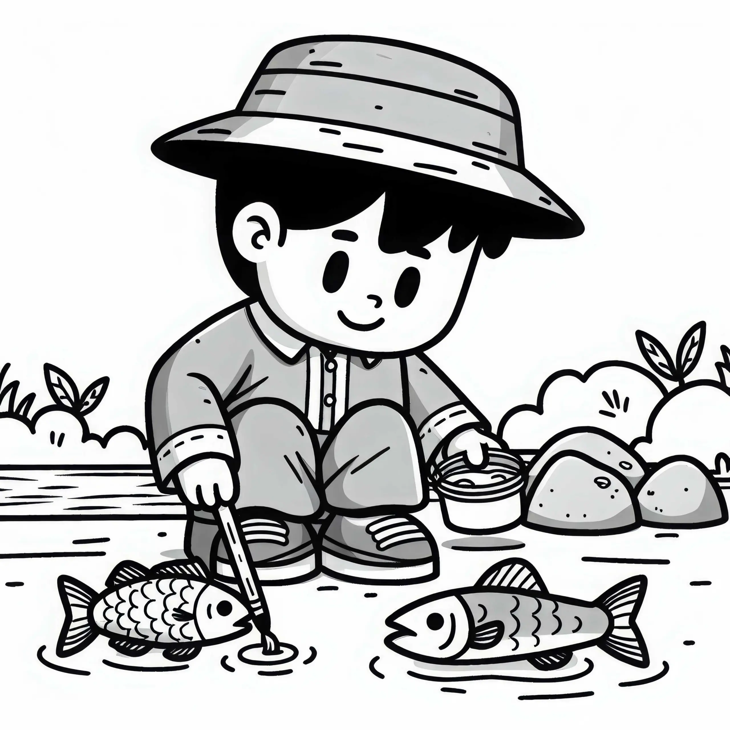 Fischer inspiziert Fische – Ausmalbild kostenlos
