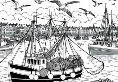 Fischerboote mit Netzen und Möwen im Hafen – Ausmalbild