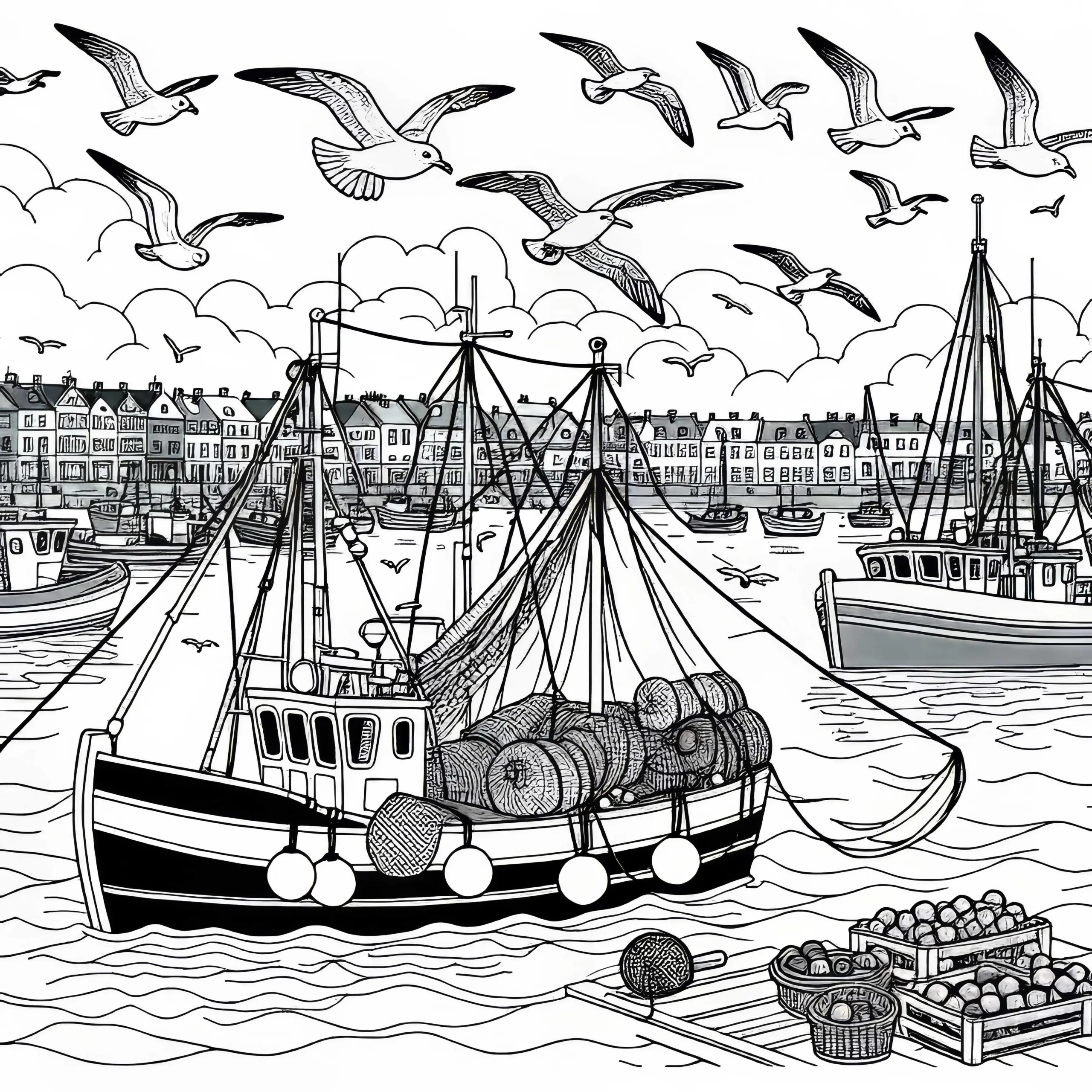 Fischerboote mit Netzen und Möwen im Hafen – Ausmalbild