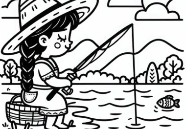Fischerin angelt am See mit Angelrute – Ausmalbild gratis
