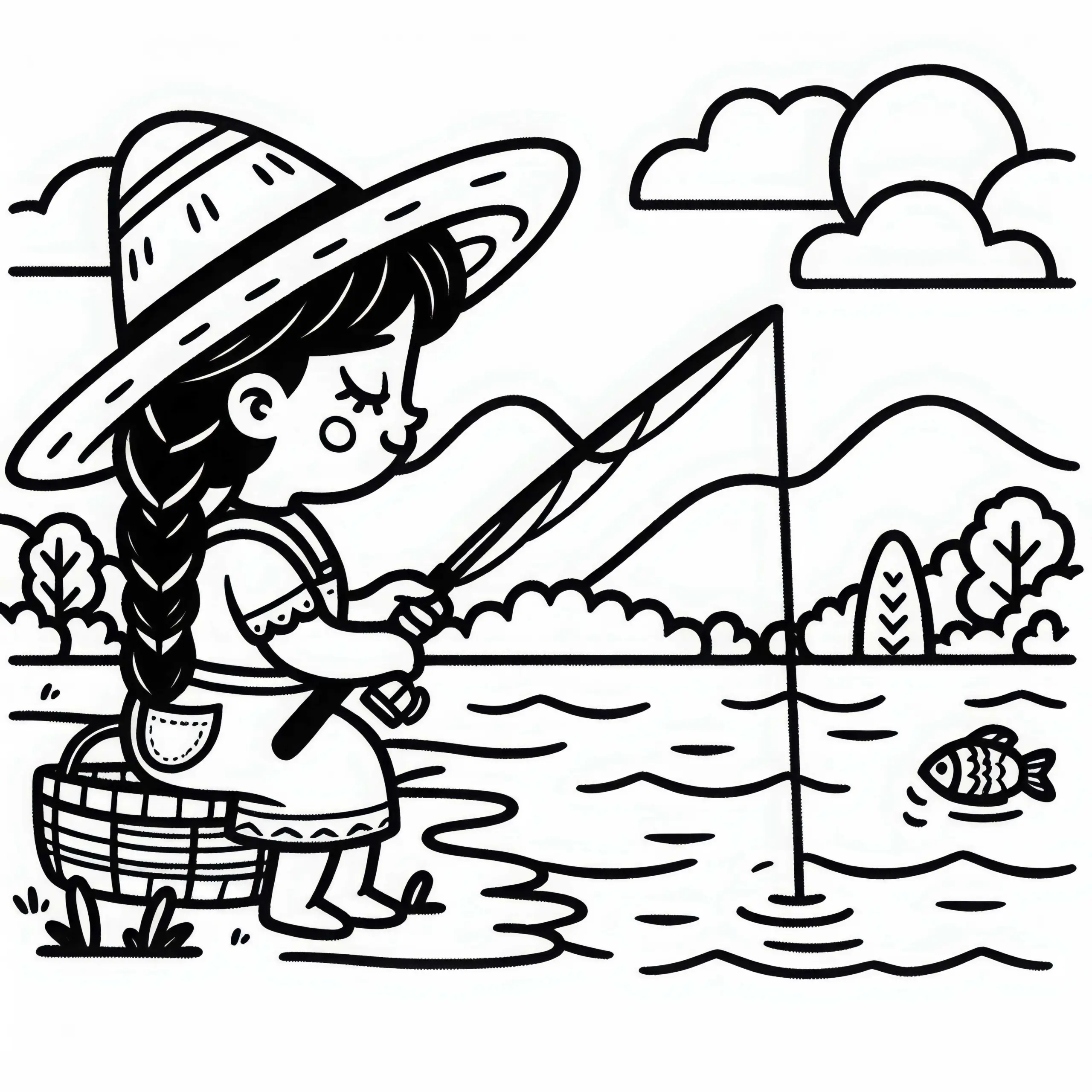Fischerin angelt am See mit Angelrute – Ausmalbild gratis