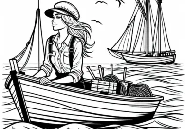 Fischerin fährt mit Boot auf See – Ausmalbild kostenlos
