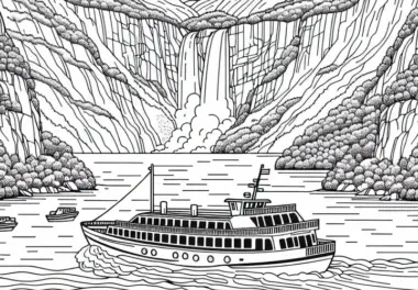Fjorde in Norwegen mit Boot und Wasserfall – Malvorlage Europa kostenlos
