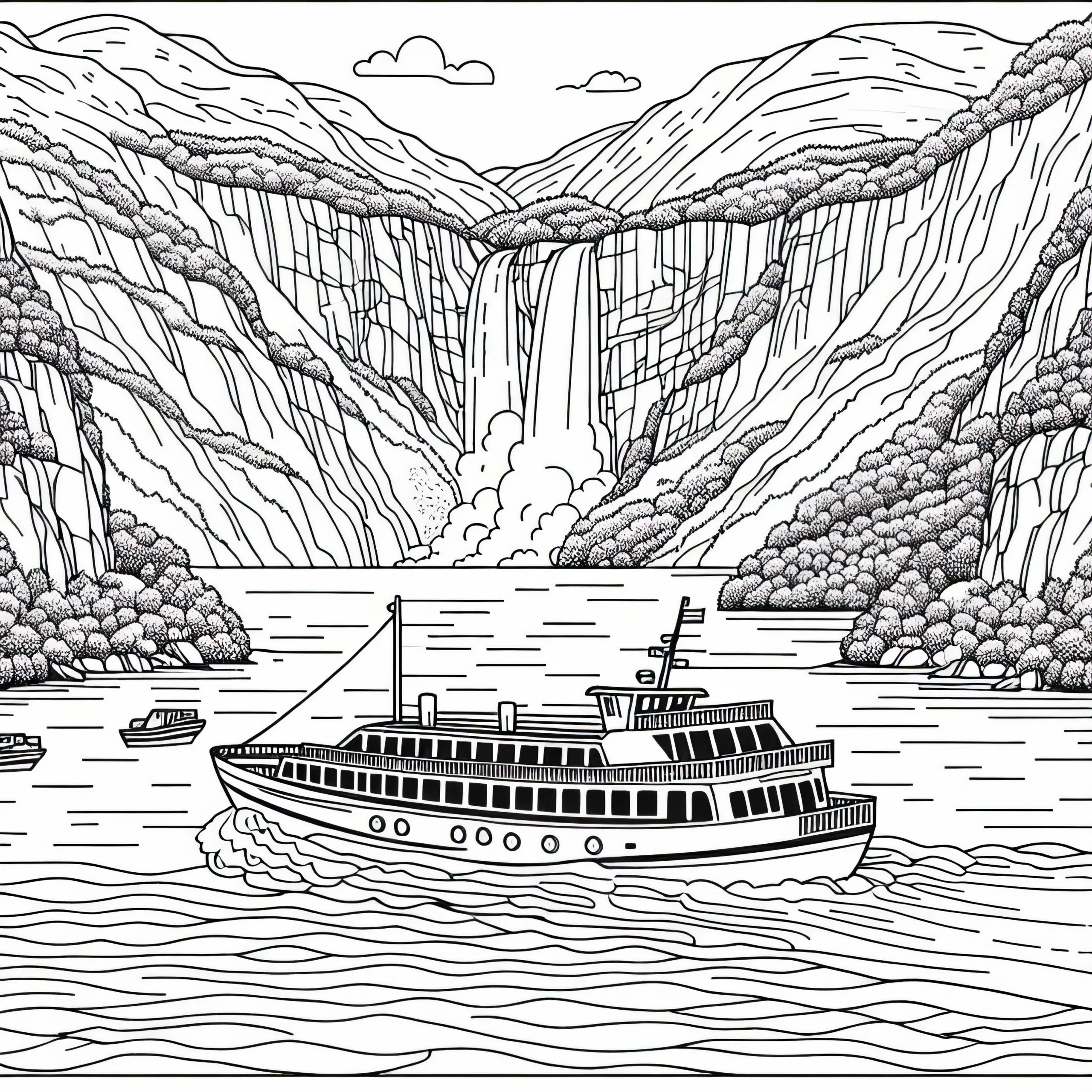 Fjorde in Norwegen mit Boot und Wasserfall – Malvorlage Europa kostenlos (Ausmalbild)