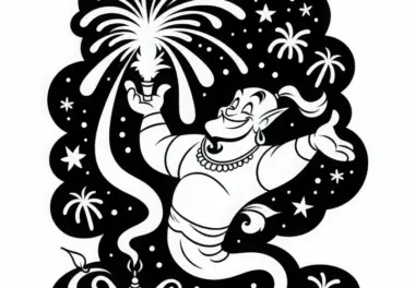 Der Flaschengeist feiert seine Freiheit mit Feuerwerk – Kostenloses Ausmalbild zum Download