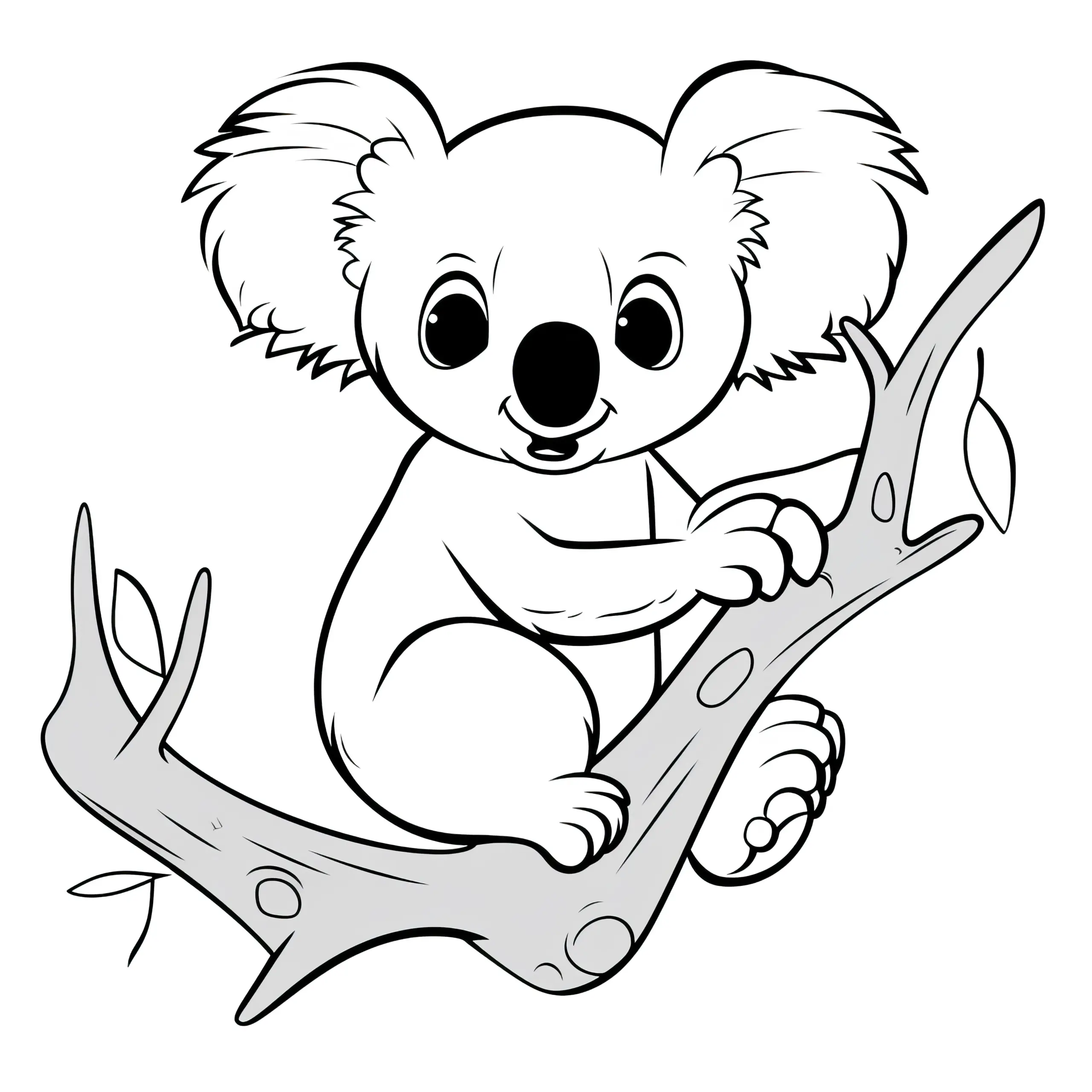 Flauschiger Koalabär auf einem Ast: Einfaches Ausmalbild für Kinder (Gratis)