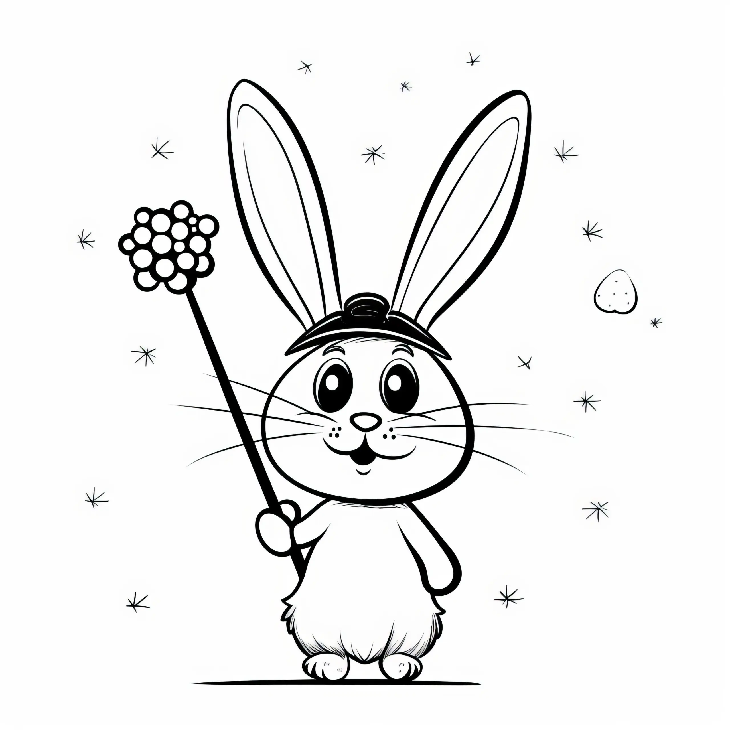 Flauschiger Osterhase als Zauberer: Einfaches Bild zum Ausmalen (Gratis) (Ausmalbild)