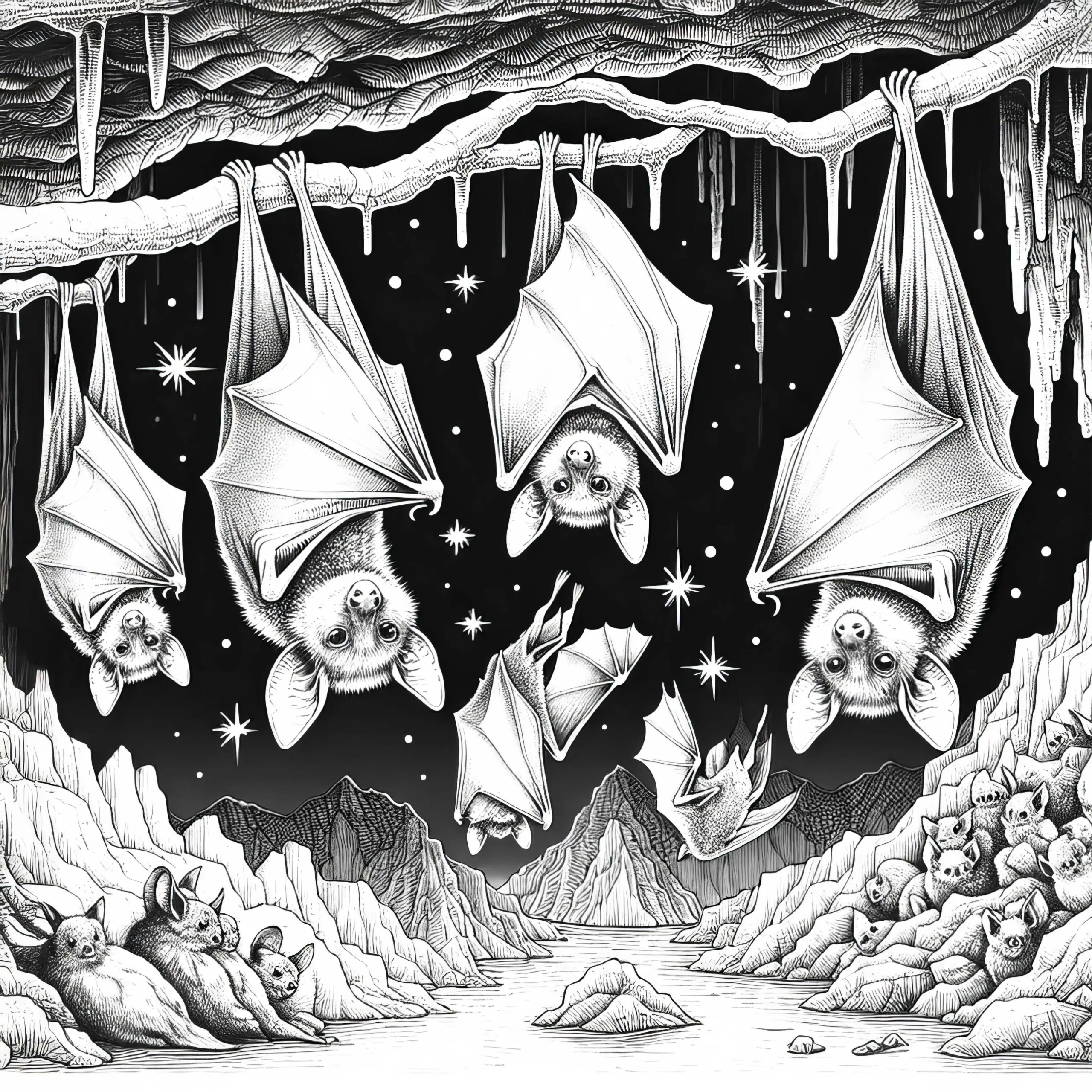 Fledermäuse in Höhle: Ausmalbild zum Herunterladen (Kostenlos)