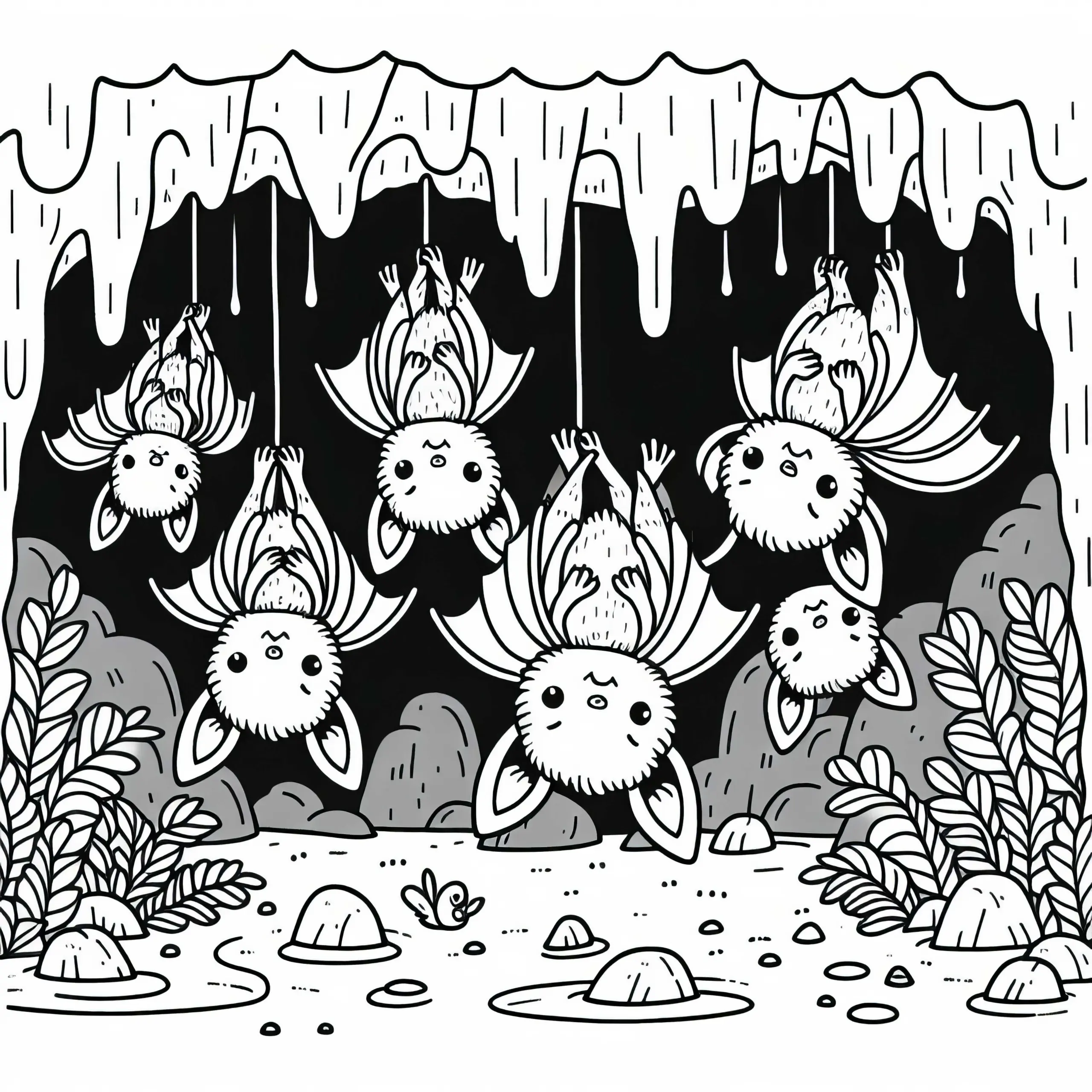 Fledermäuse in Höhle: Einfache Malvorlage (Kostenlos) (Ausmalbild)
