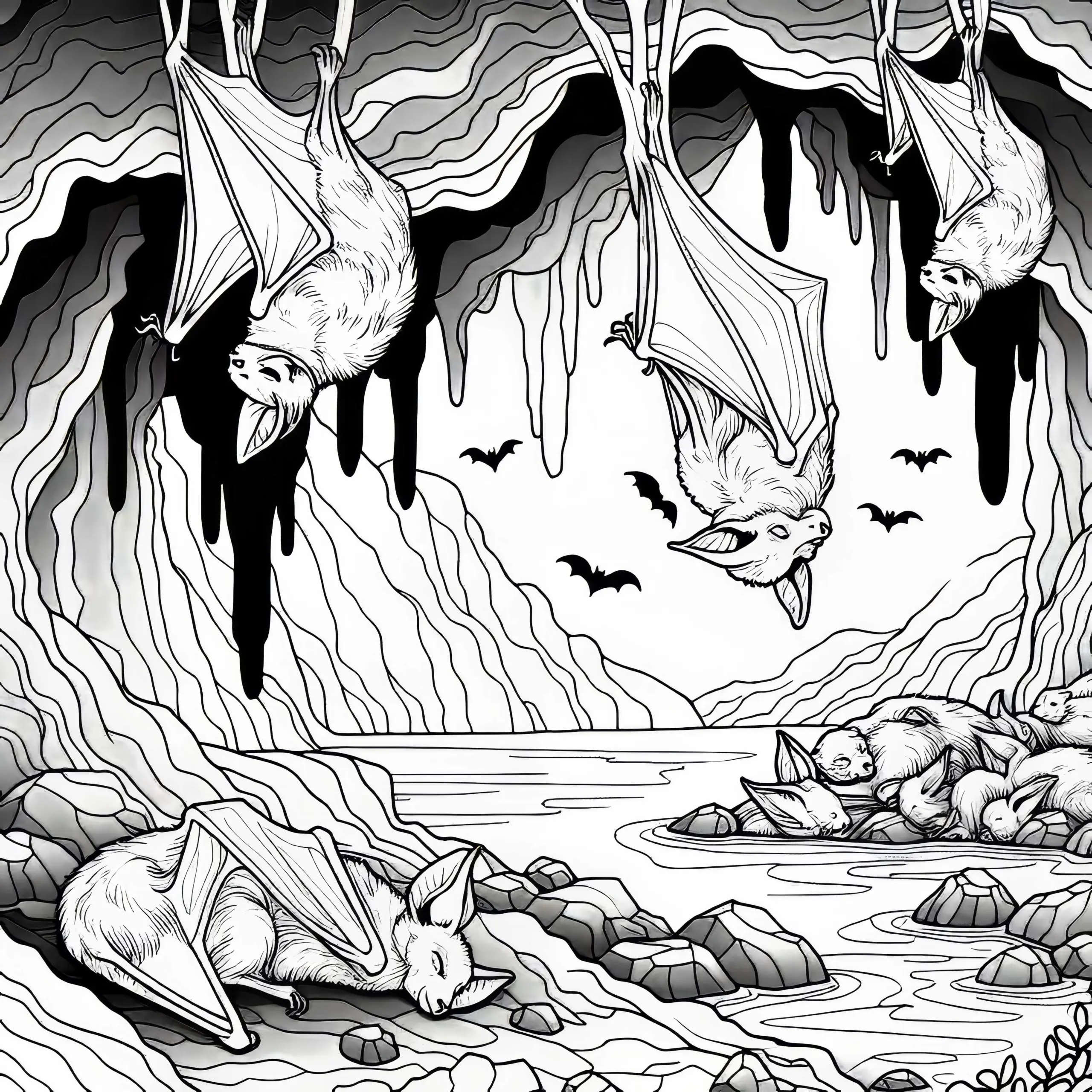 Fledermäuse schlafen kopfüber in der Höhle – Ausmalbild gratis