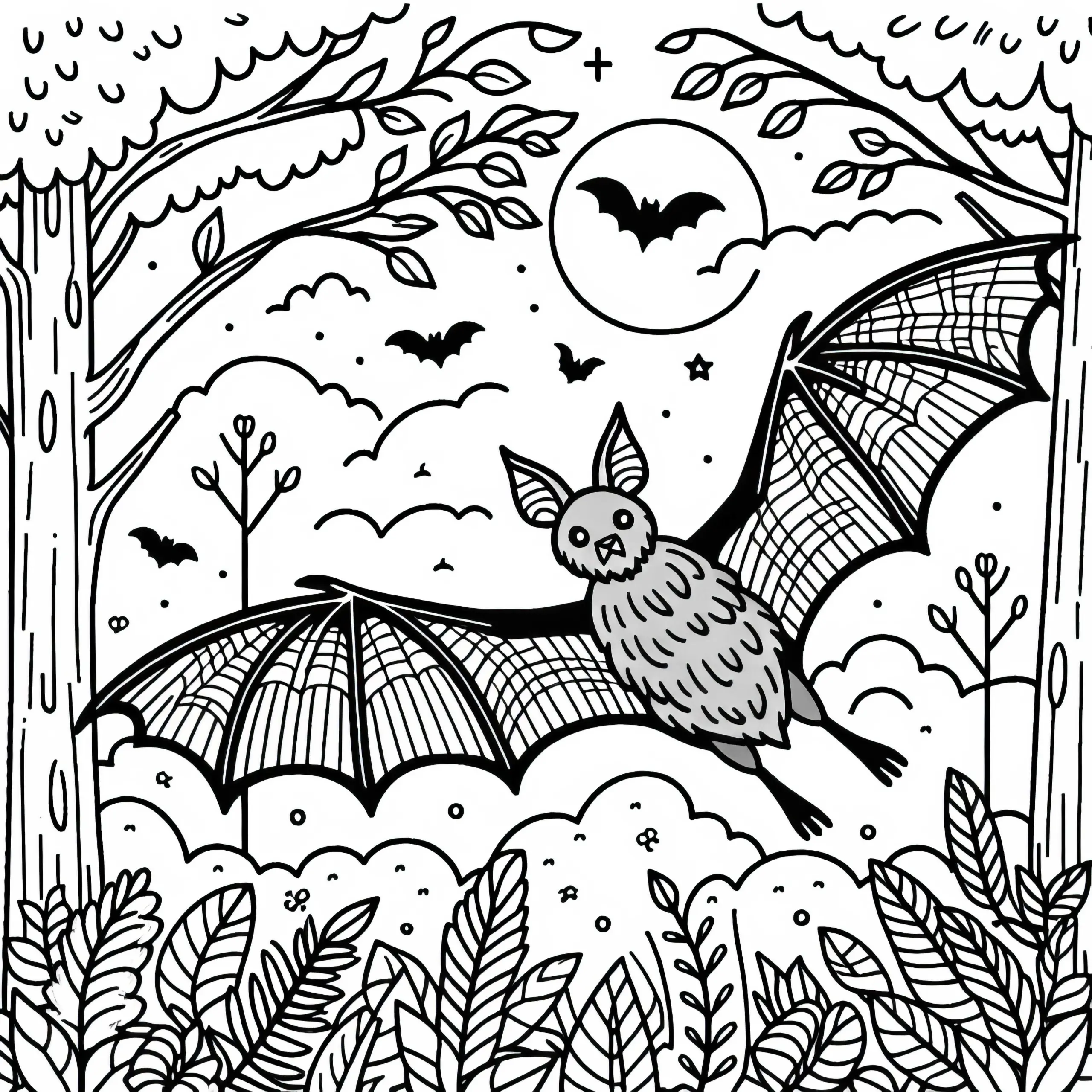 Fledermaus fliegt durch den Wald: Ausmalbild zum Download (Kostenlos)