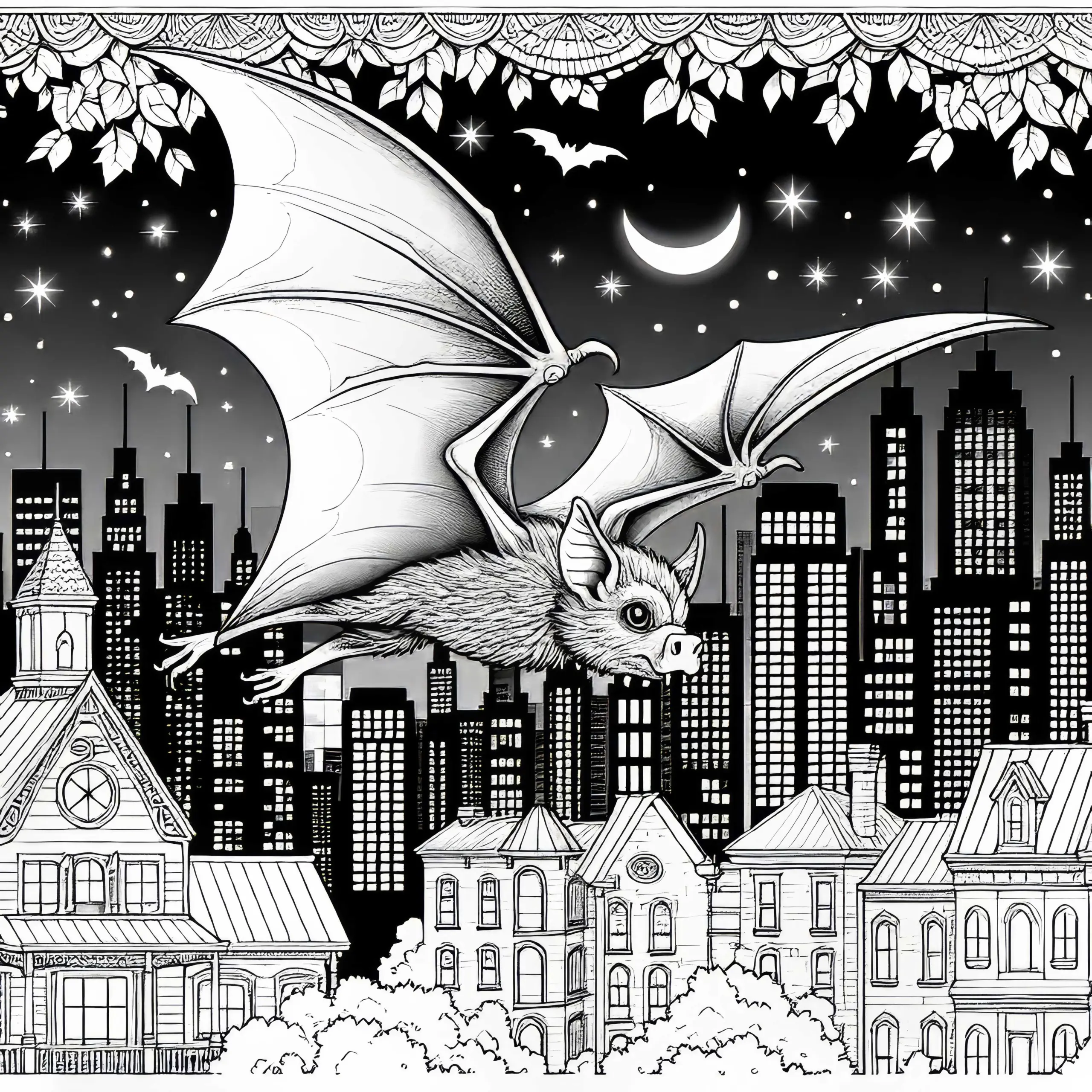 Fledermaus fliegt über Stadt bei Nacht: Ausmalbild zum Download (Gratis)