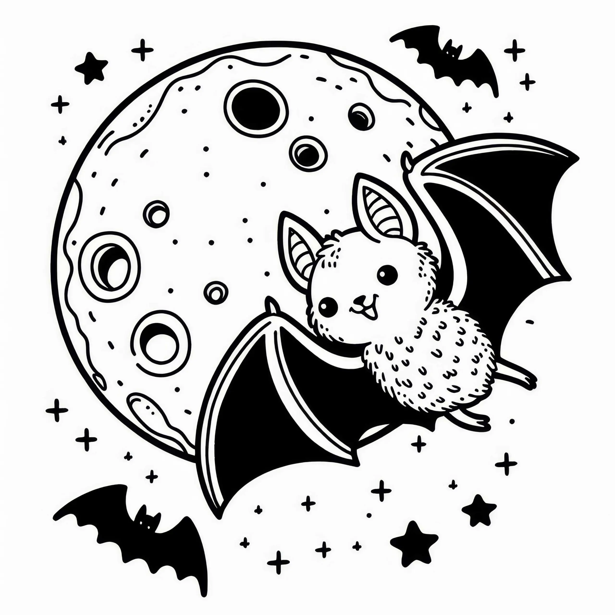 Fledermaus fliegt bei Vollmond durch die Nacht: Kostenloses Ausmalbild