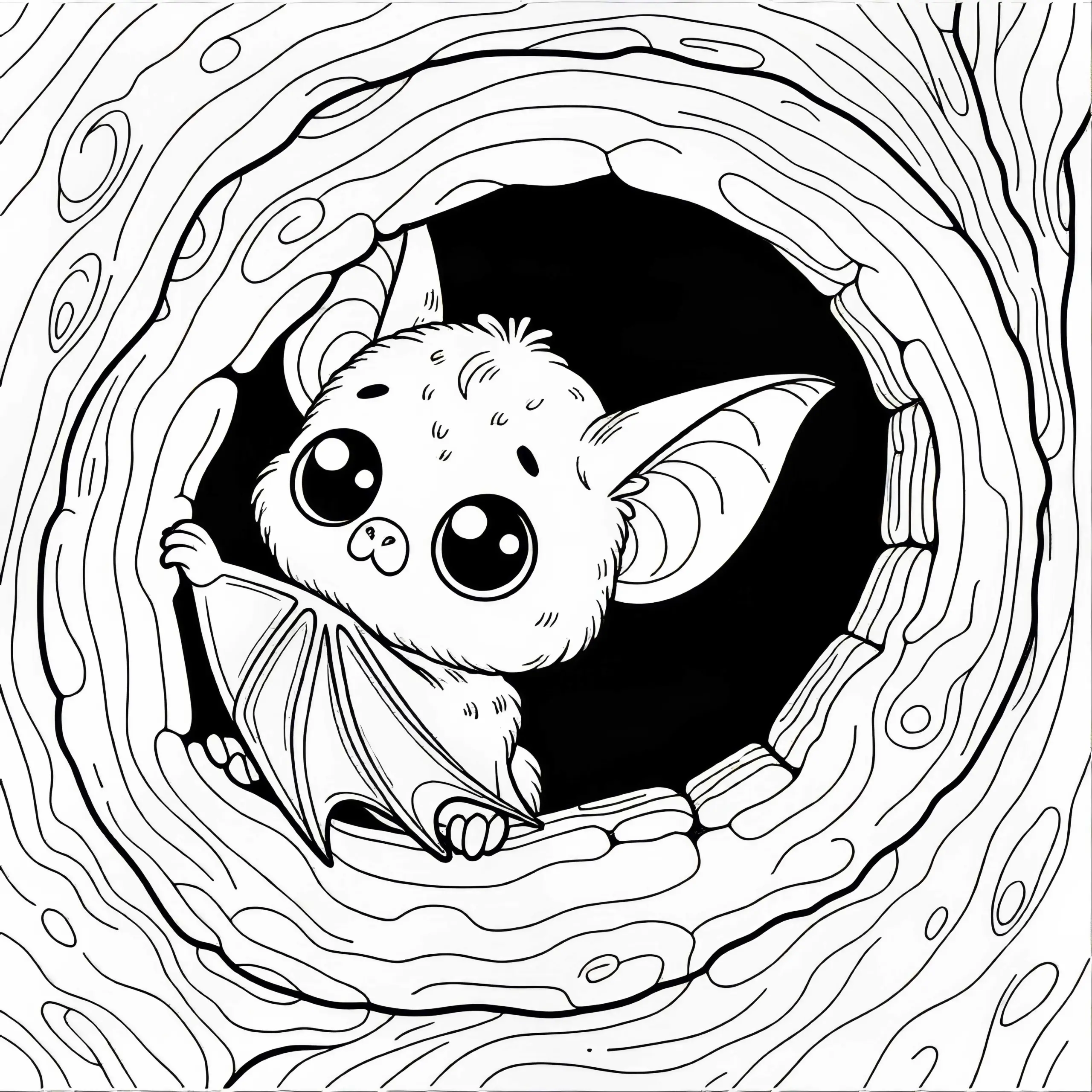 Fledermaus mit großen Augen in Baumhöhle: Kostenloses Ausmalbild