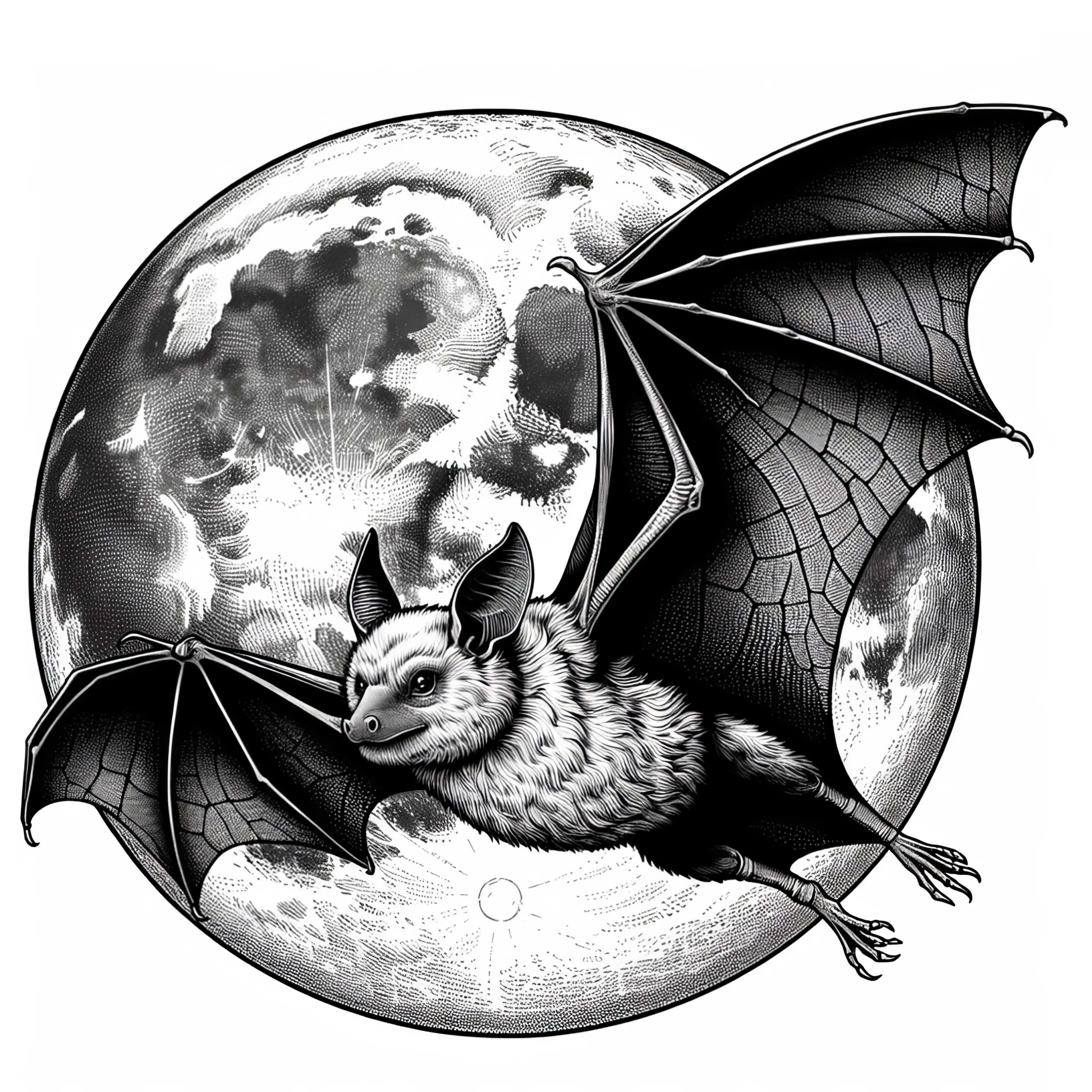 Fledermaus bei Vollmond: Detailliertes Ausmalbild zum Download (Kostenlos)