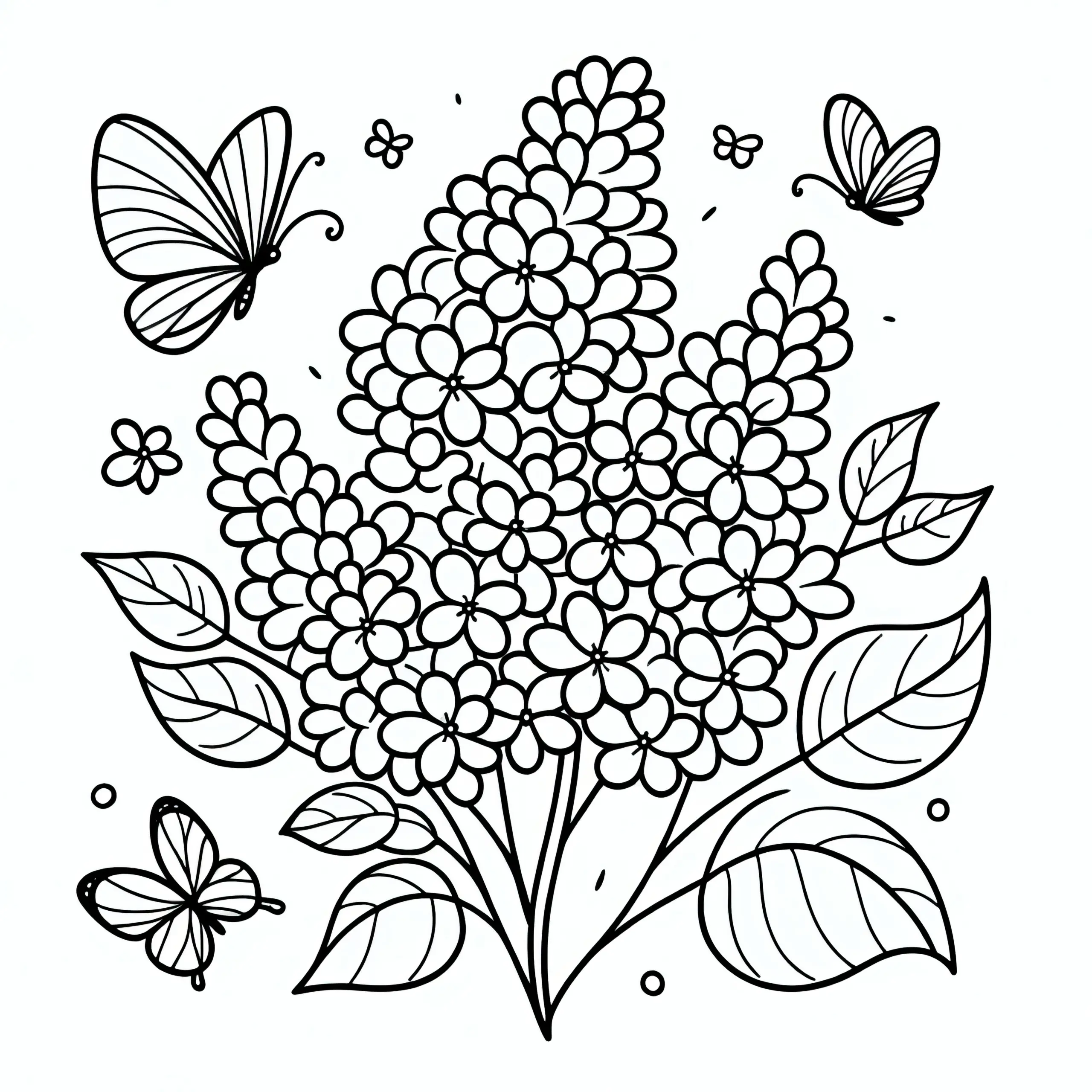 Flieder mit Schmetterlingen zum Ausmalen (Gratis) (Ausmalbild)
