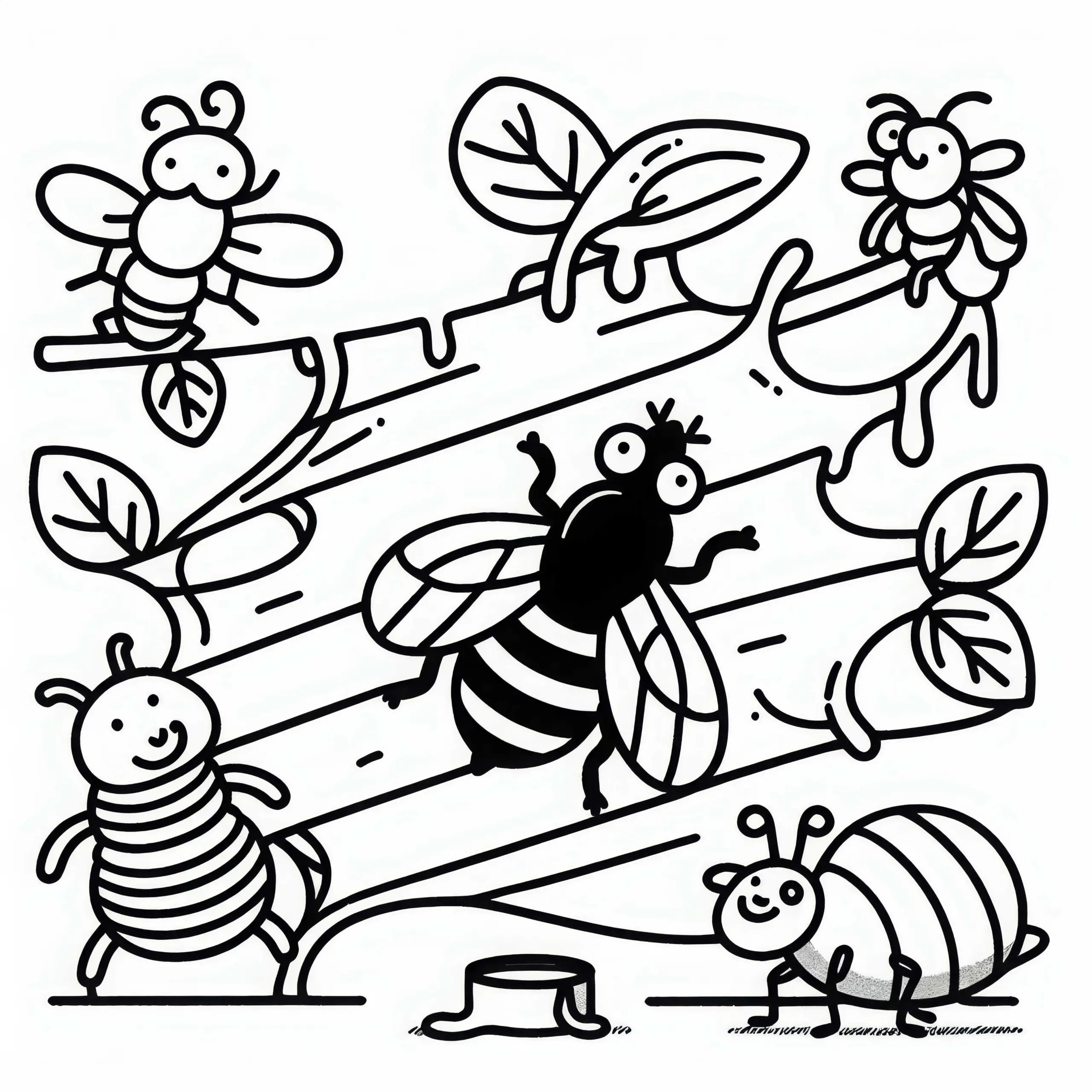 Fliege mit anderen Insekten auf Klebestreifen: Malvorlage zum Download (Kostenlos) (Ausmalbild)