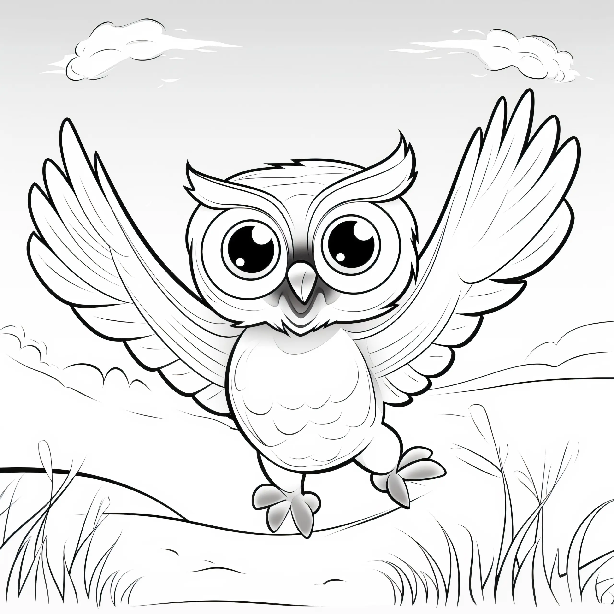 Fliegende Eule in malerischen Landschaft: Ausmalbild zum Download (Gratis)