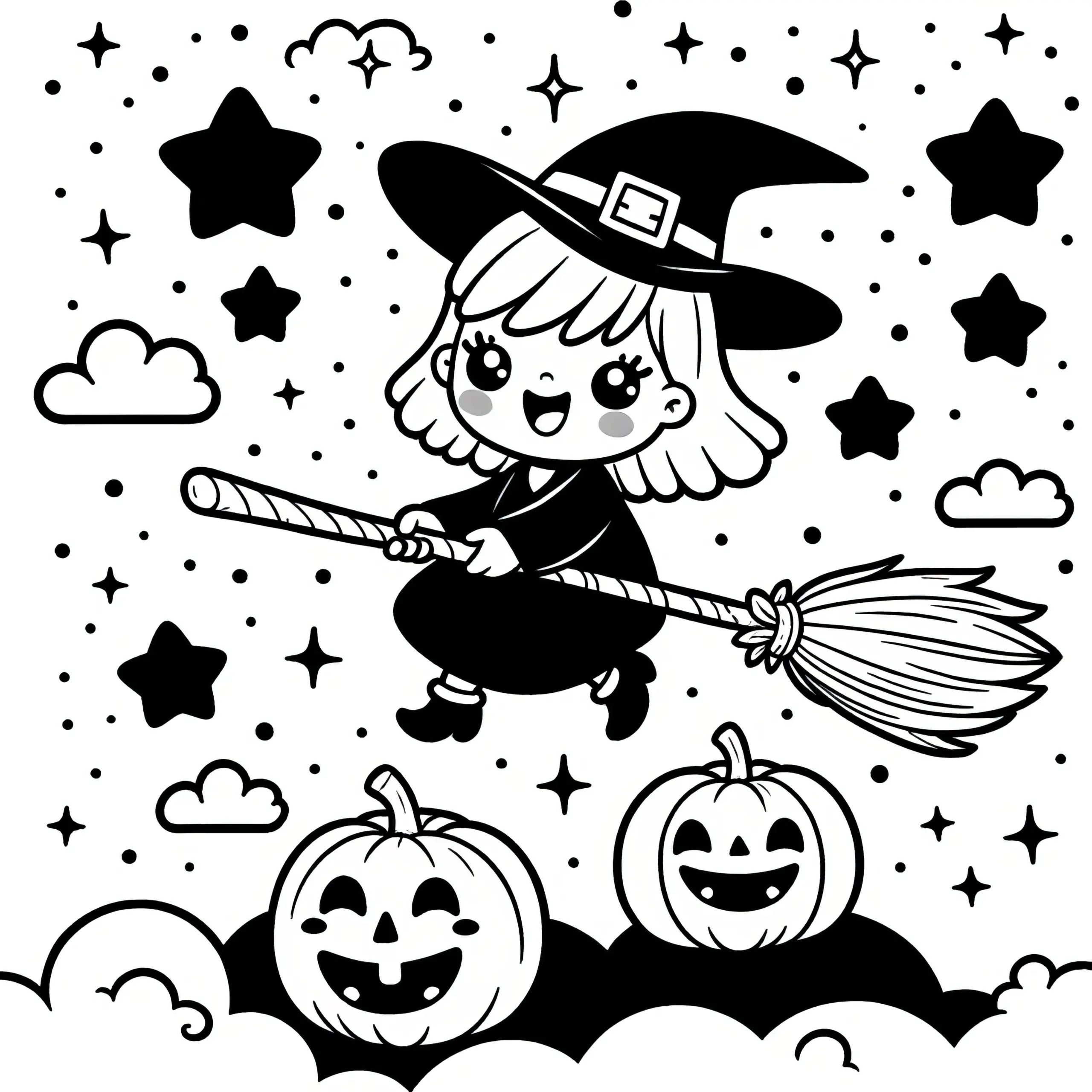 Fliegende Hexe mit Halloween Kürbisse: Malvorlage zum Herunterladen (Gratis) (Ausmalbild)