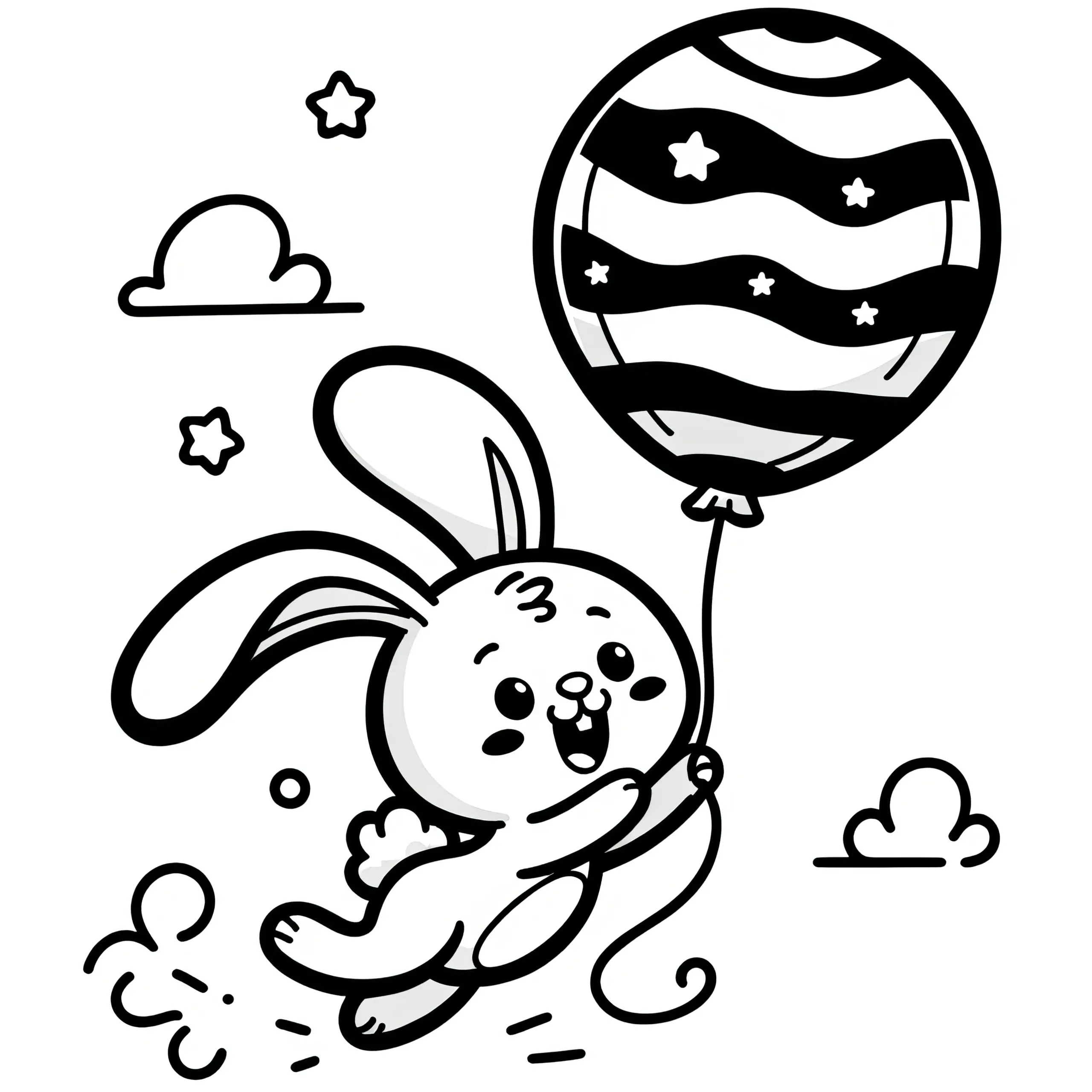 Fliegender Osterhase mit Luftballon: Einfache Malvorlage für Kinder (Gratis) (Ausmalbild)
