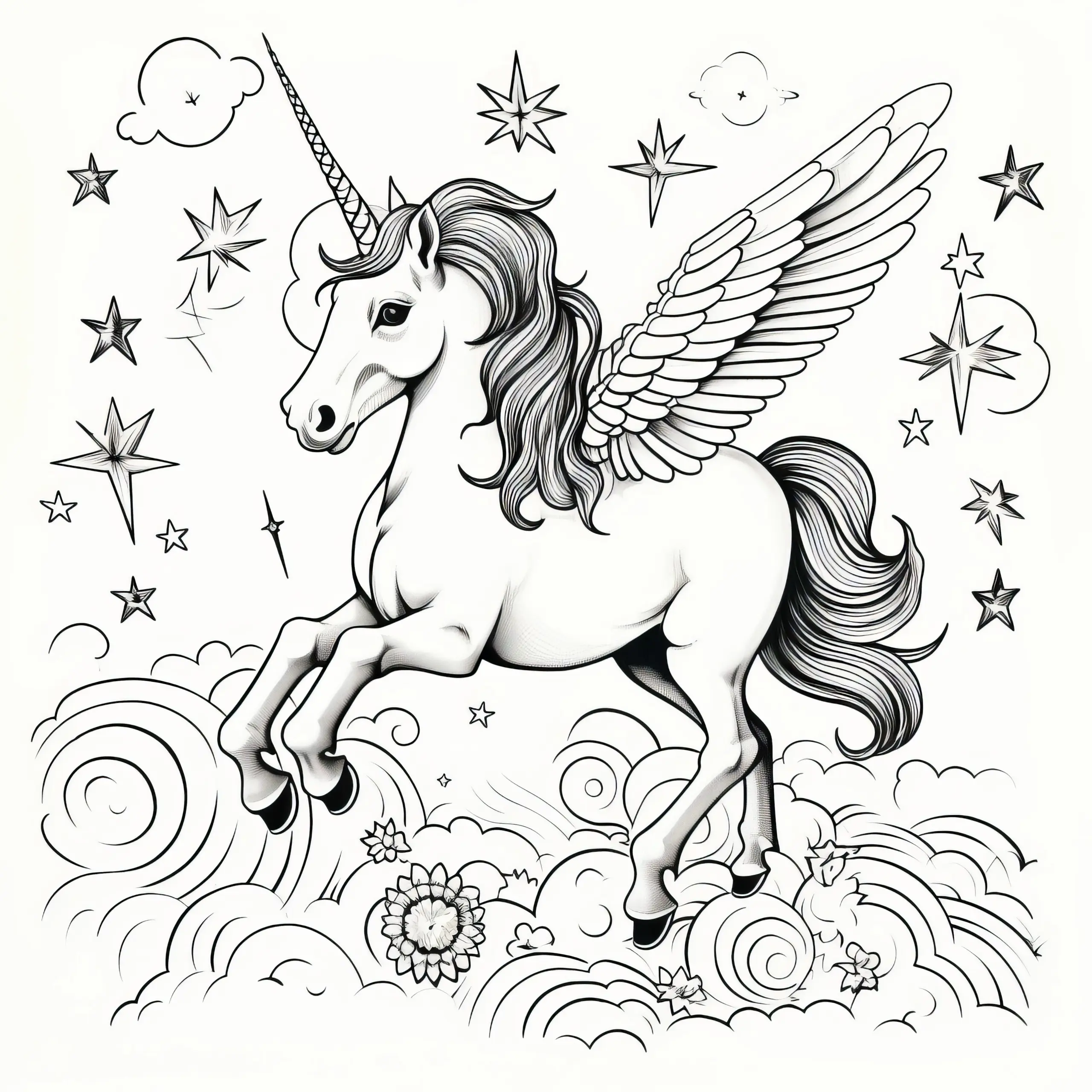Fliegendes Einhorn mit Flügeln zwischen Sternen und Wolken (Ausmalbild gratis)