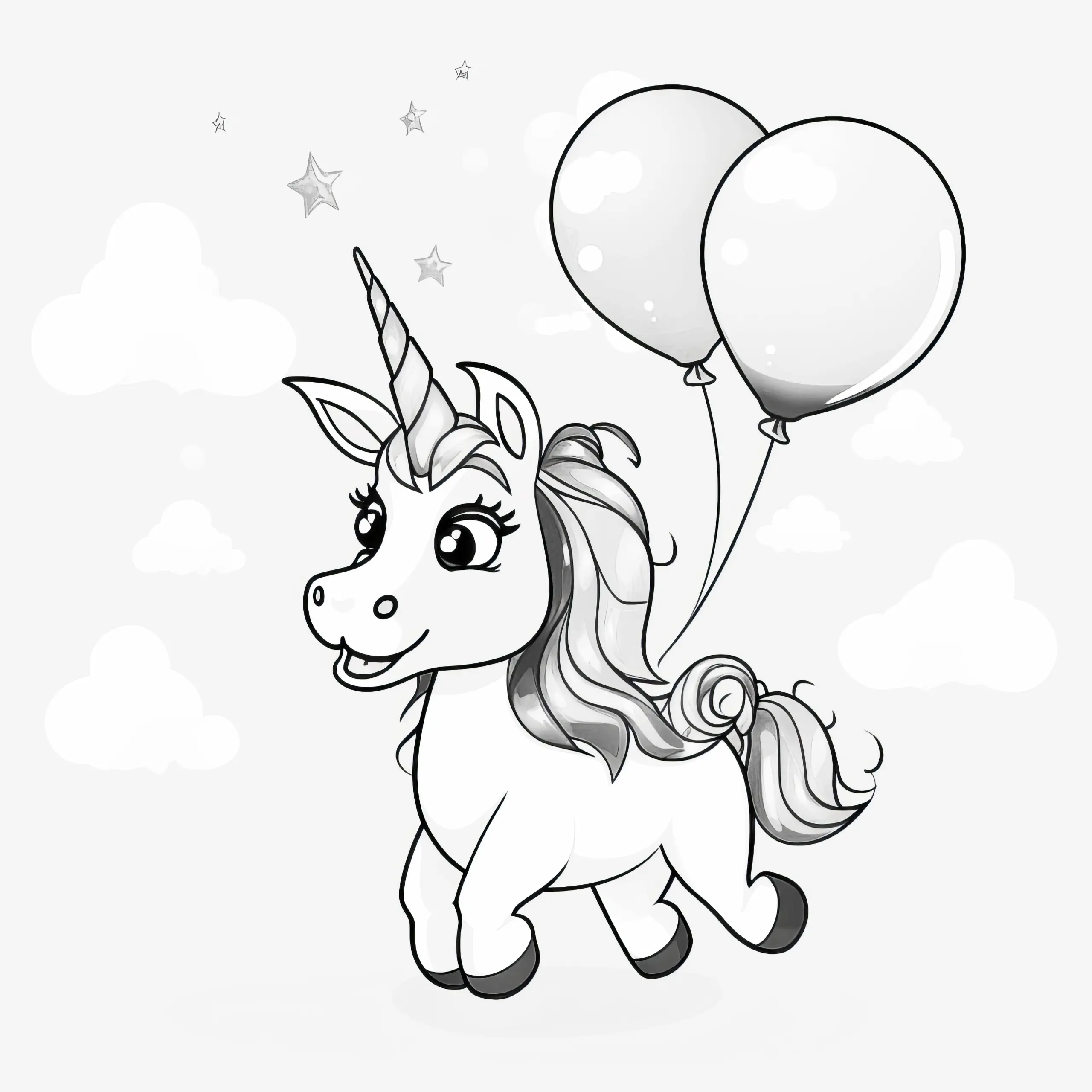 Fliegendes Einhorn mit Luftballons: Gratis Ausmalbild zum Download