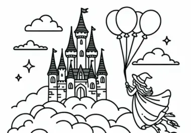 Fliegendes Märchenschloss schwebt über Wolken – Malvorlage kostenlos
