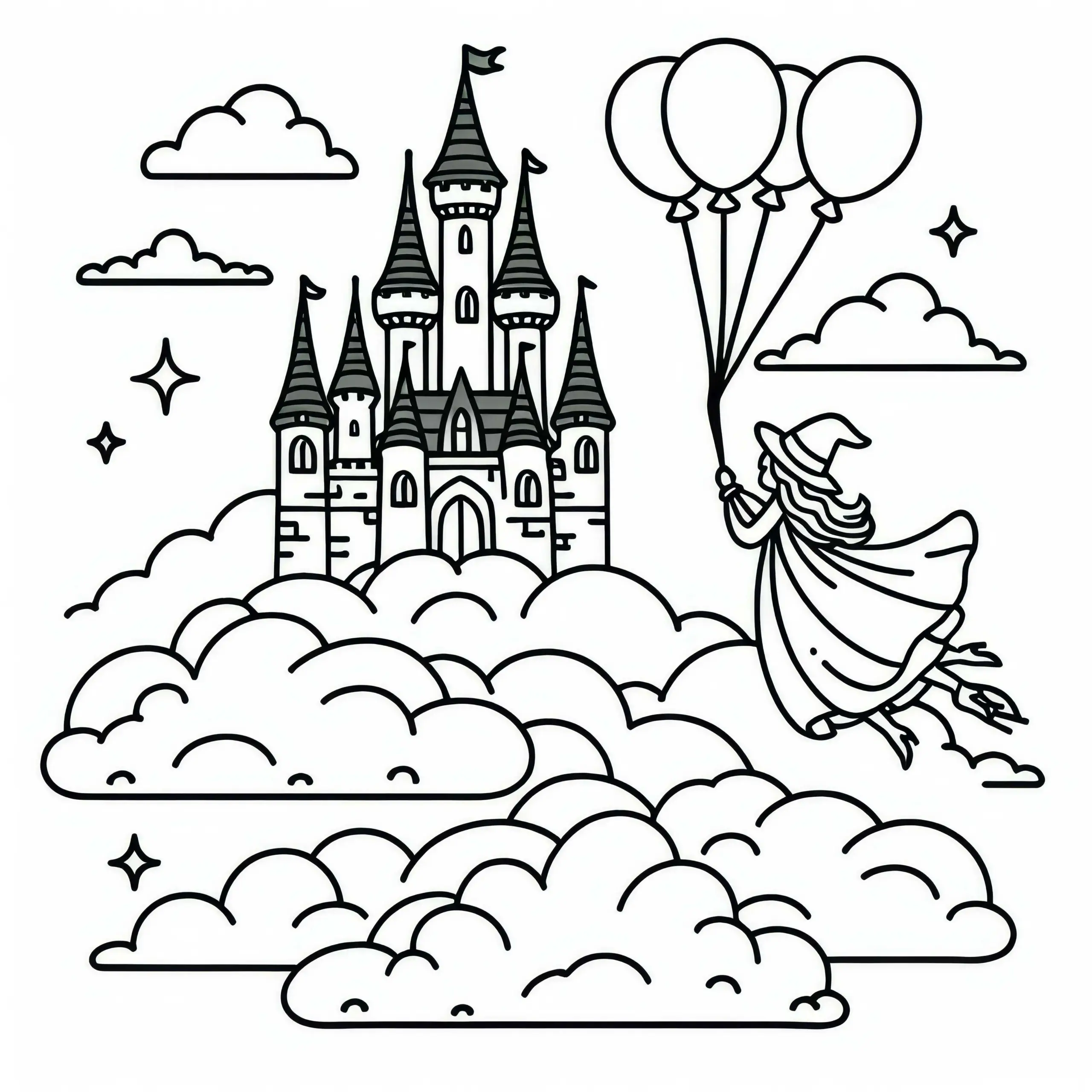 Fliegendes Märchenschloss schwebt über Wolken – Malvorlage kostenlos (Ausmalbild)