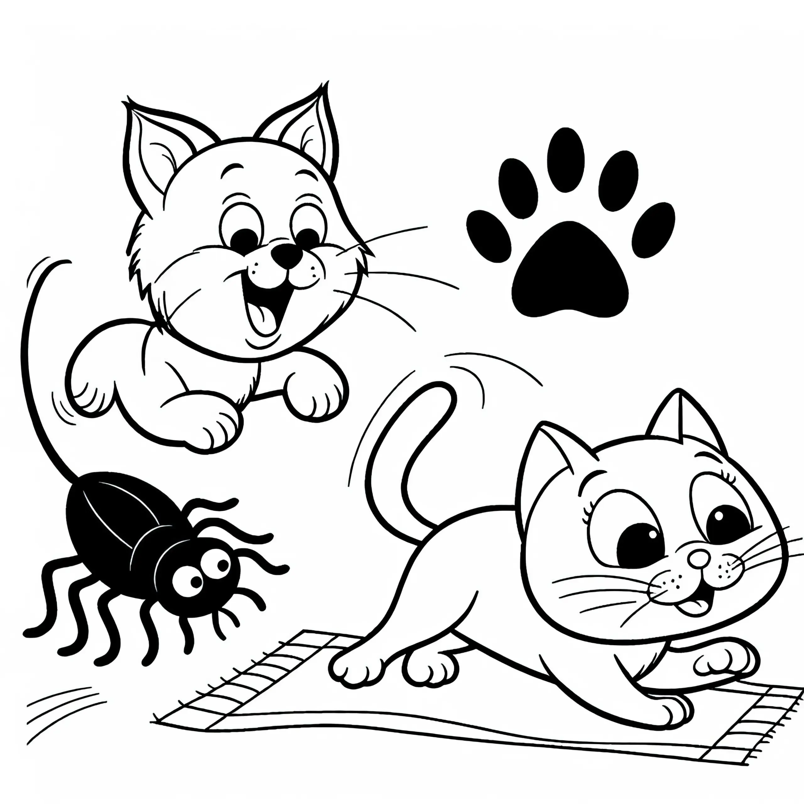 Floh und Katzen beim Spielen: Ausmalbild zum Herunterladen (Kostenlos)