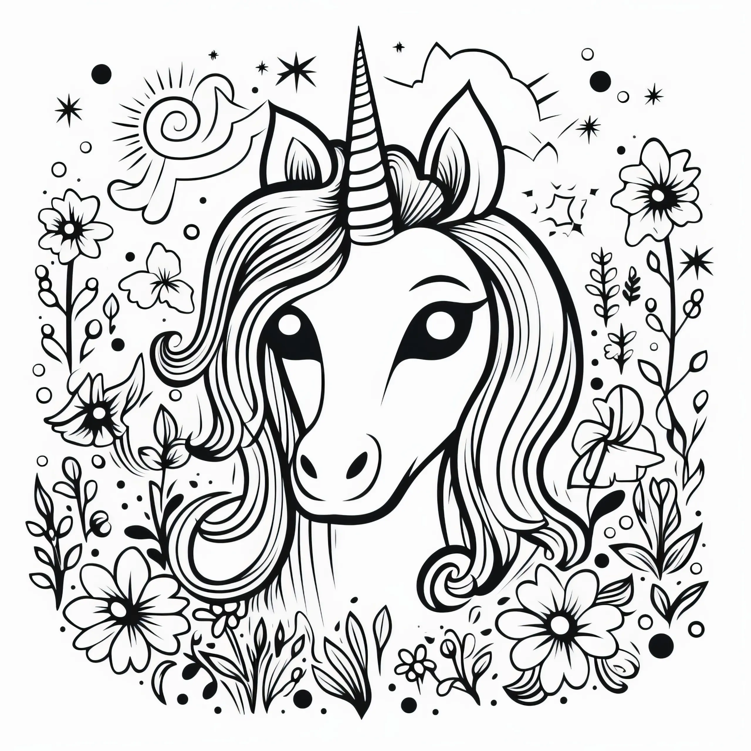 Floraler Einhorn-Kopf als Malvorlage: Kostenlos zum Download (Ausmalbild)