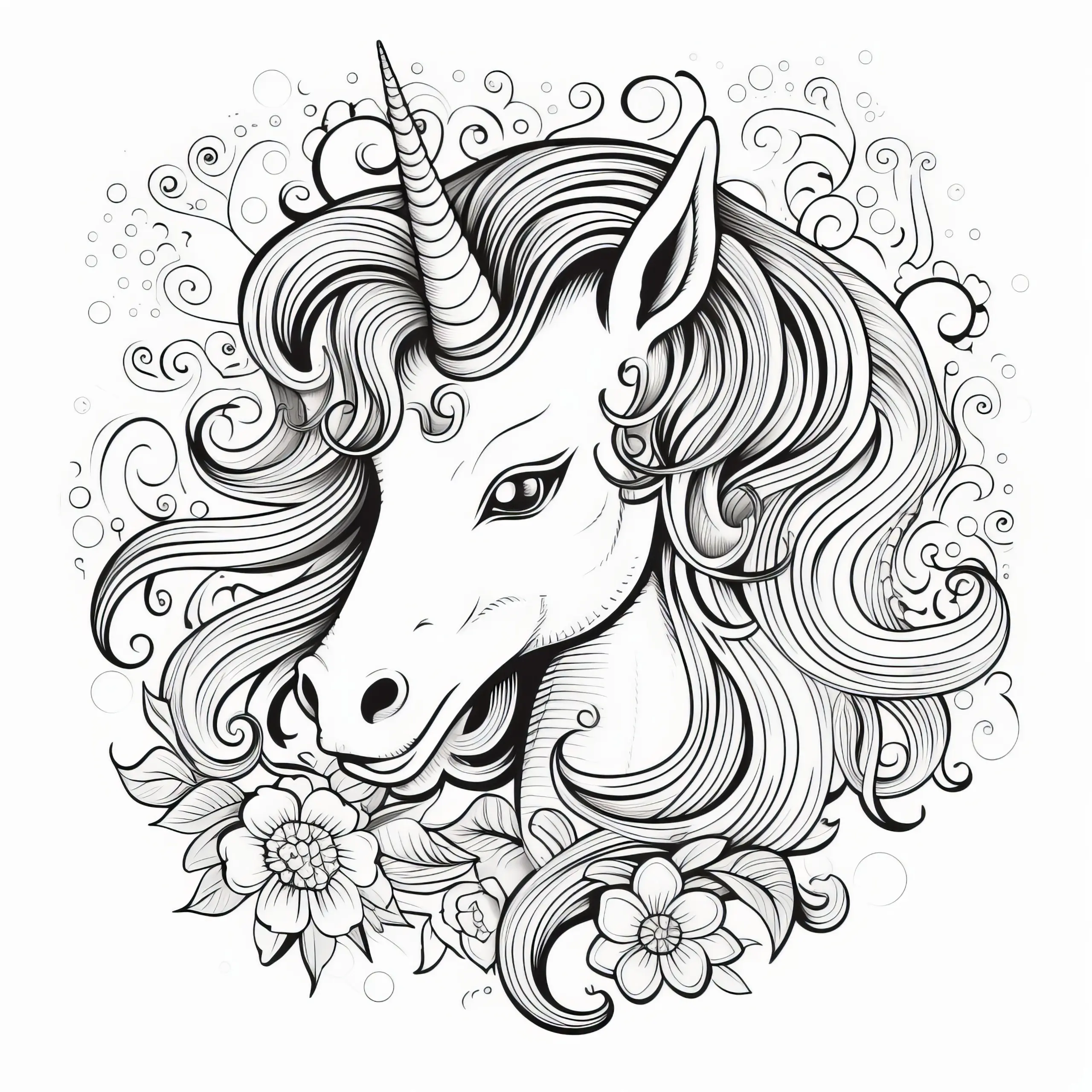 Florales Einhorn-Portrait: Ausmalbild kostenlos zum Download
