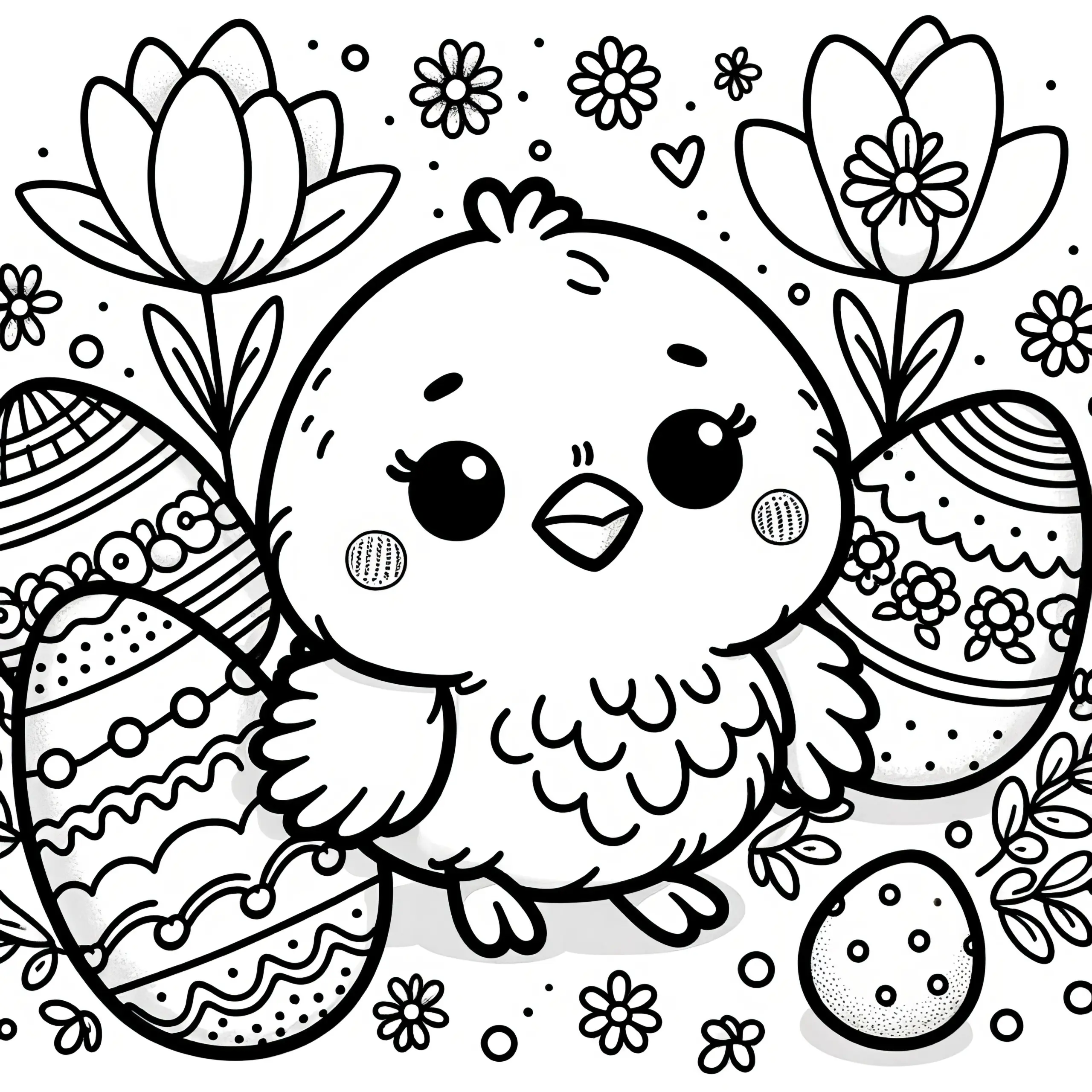 Fluffiges Osterküken mit Ostereiern und Blumen: Malvorlage für Kinder (Gratis) (Ausmalbild)