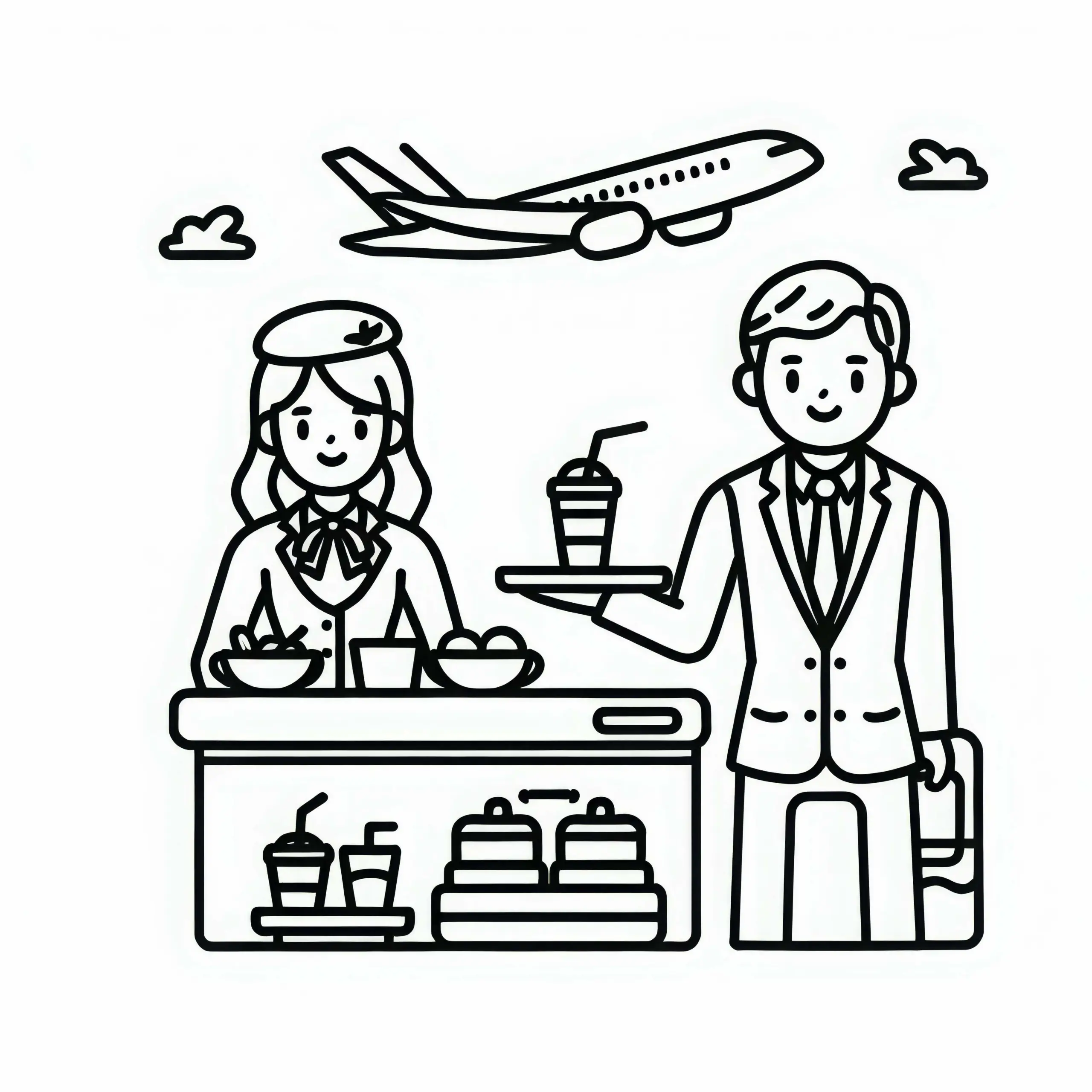 Flugbegleiter Servieren Essen und Getränke Malvorlage Einfach Gratis (Ausmalbild)