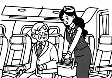 Flugbegleiterin begleitet älteren Passagier zu seinem Platz – Malvorlage kostenlos