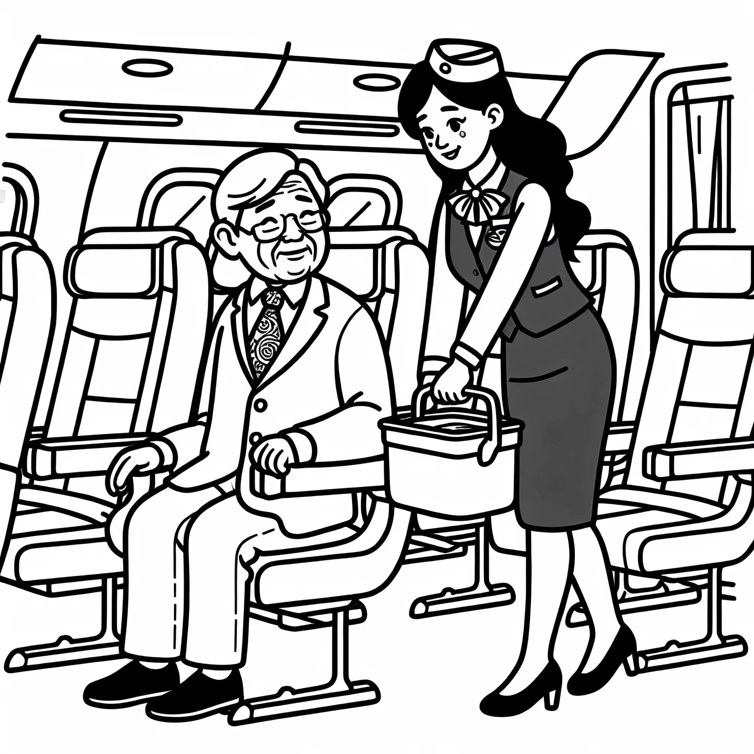 Flugbegleiterin begleitet älteren Passagier zu seinem Platz – Malvorlage kostenlos (Ausmalbild)
