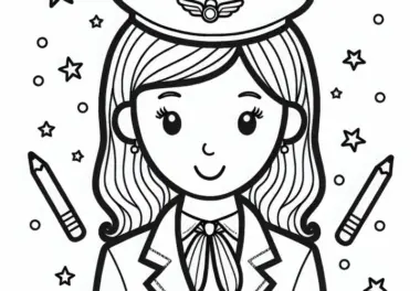 Ausmalbild einer Flugbegleiterin in Uniform mit Halstuch – Kostenlos herunterladen